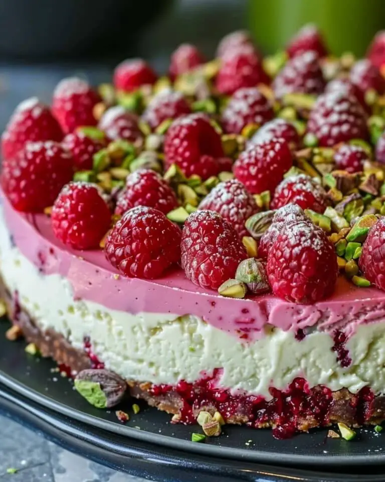 Elegant Pistachio Raspberry Crunch Cheesecake