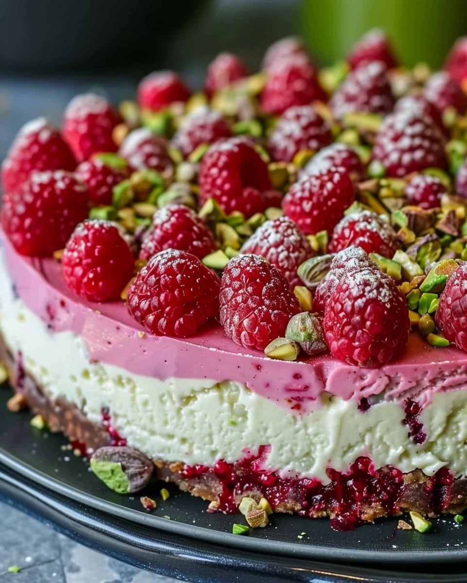 Elegant Pistachio Raspberry Crunch Cheesecake