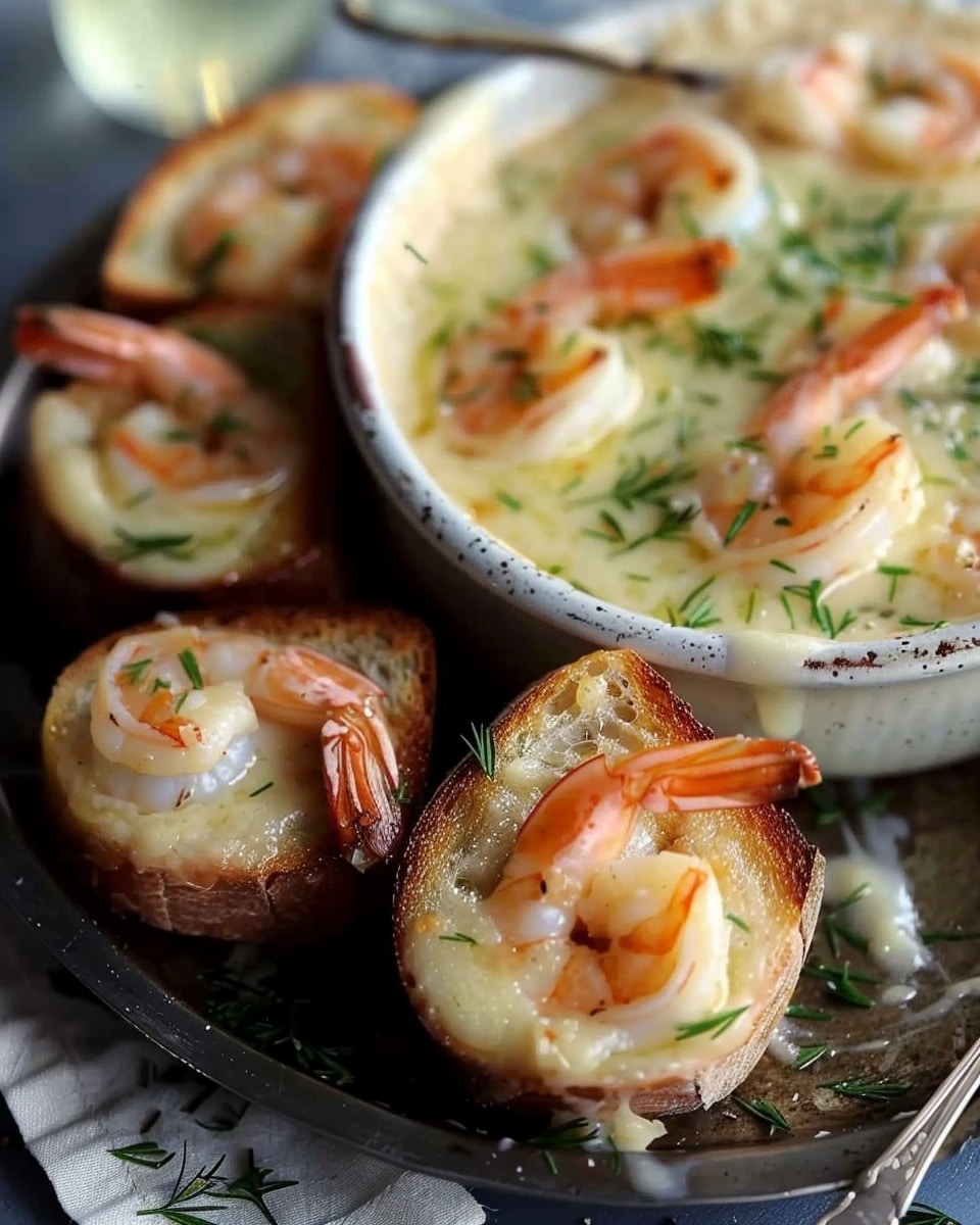 Hot Cheesy Shrimp Dip with Garlic Toast