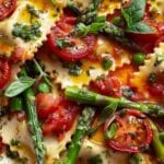 Ravioli With Tomatoes, Asparagus, Garlic, And Herbs
