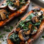 Mediterranean Stuffed Sweet Potatoes with Garlic Mushrooms & Spinach