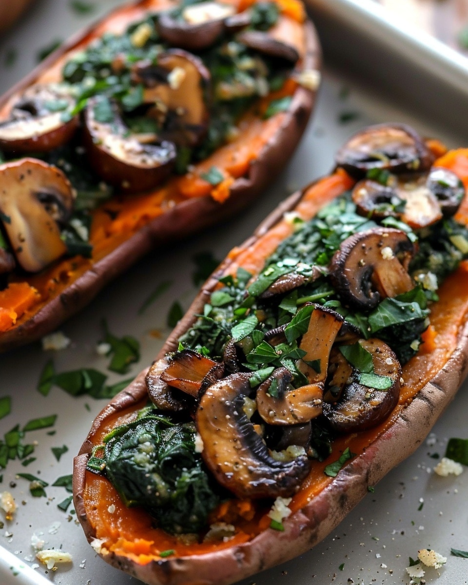 Mediterranean Stuffed Sweet Potatoes with Garlic Mushrooms & Spinach