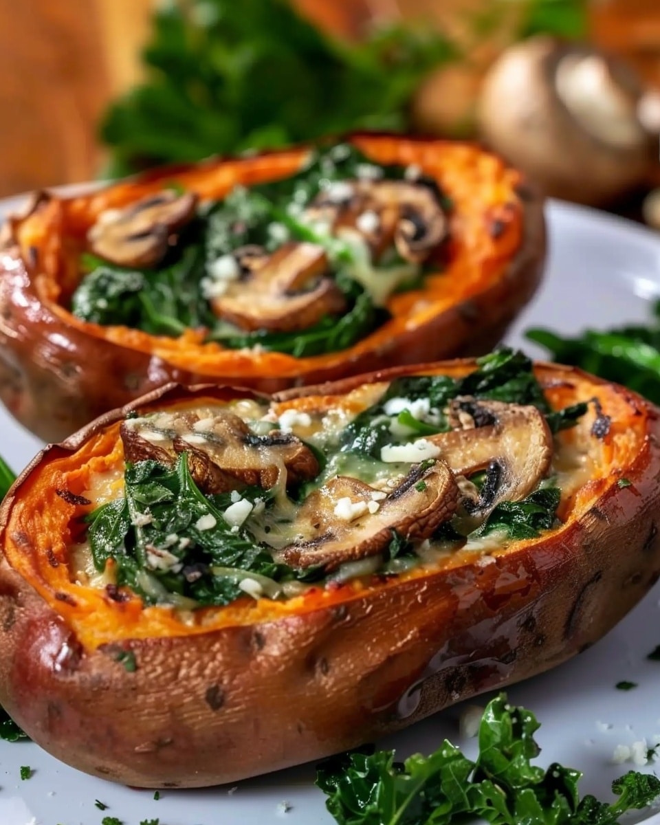 Mediterranean Stuffed Sweet Potatoes with Garlic Mushrooms & Spinach