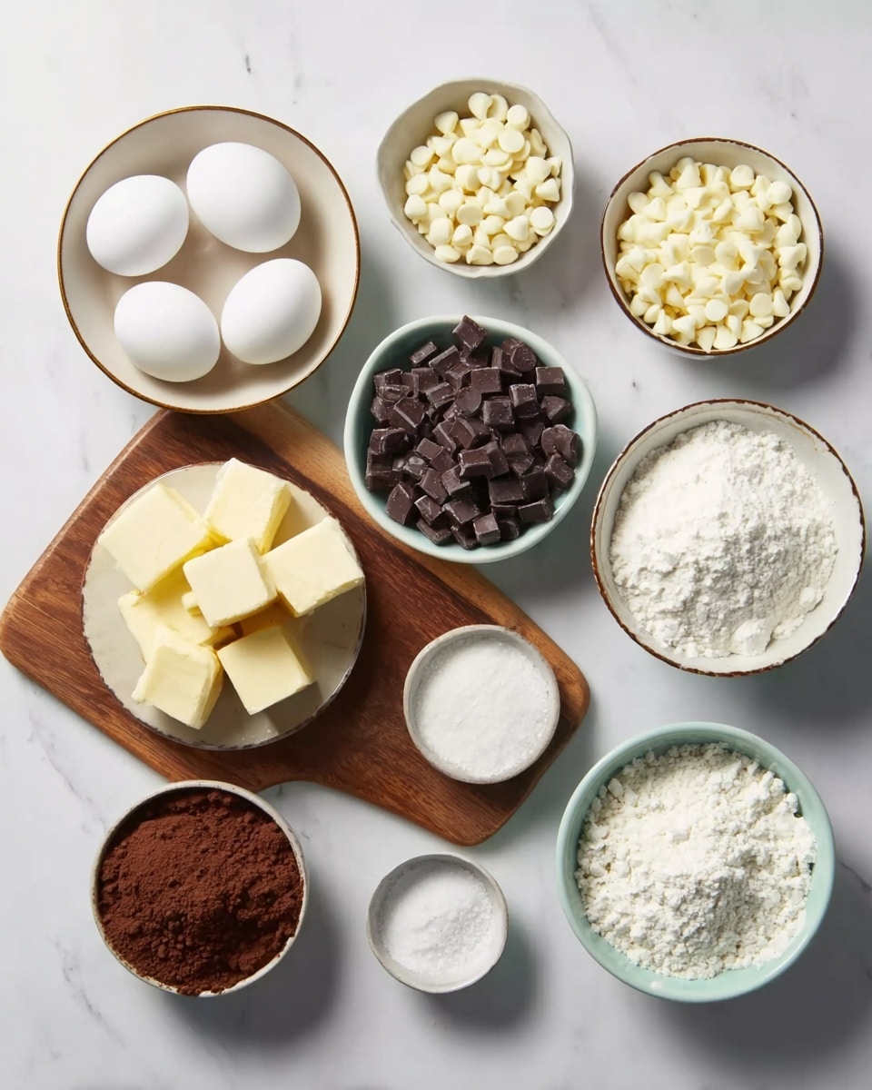 The image shows several white bowls and a small wooden board arranged on a white marbled surface. There are three white eggs in one white bowl with a golden rim, small white chocolate chips in another white bowl with a golden rim, and small dark chocolate chips in a similar white bowl, all placed around the board. The wooden board in the center holds light yellow cubes of butter. A bigger white bowl with a golden rim contains granulated white sugar, while another white bowl with golden rims holds white flour. Two small white bowls without rims hold brown cocoa powder and white powder, possibly baking powder or cornstarch. The overall layout is neat and visually balanced, with a soft light shadow adding depth. Photo taken with an iphone --ar 4:5 --v 7