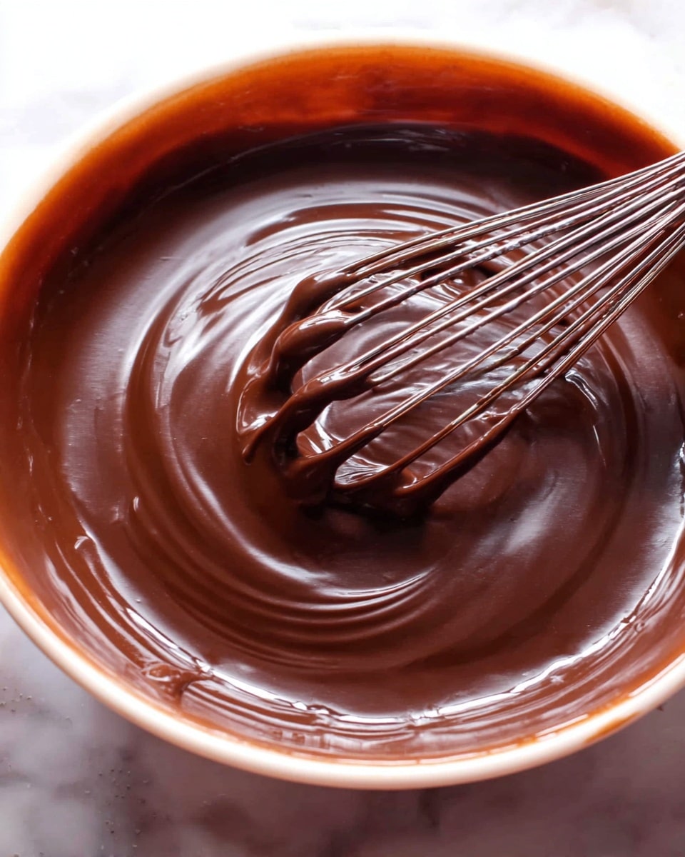 A close-up image shows a shiny, smooth dark brown chocolate mixture being whisked in a bowl. The chocolate layer is thick and glossy, with visible swirls and ripples created by the whisk. Thin metal wires of the whisk dipped in the chocolate add texture and movement to the creamy dark surface. The bowl is round and white, contrasting softly against a white marbled background. Photo taken with an iphone --ar 4:5 --v 7