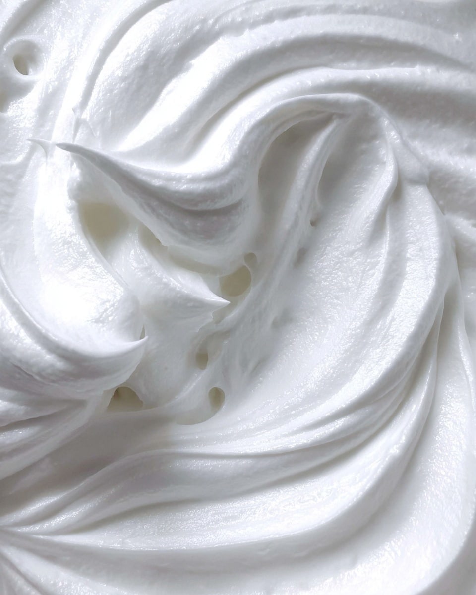 This image shows a close-up of smooth, white whipped cream with soft peaks and swirls. The texture looks light and fluffy with a shiny surface that catches the light. The whipped cream fills the frame, showing gentle waves and a few holes where air is trapped inside. The photo is taken on a white marbled surface giving a clean look. photo taken with an iphone --ar 4:5 --v 7