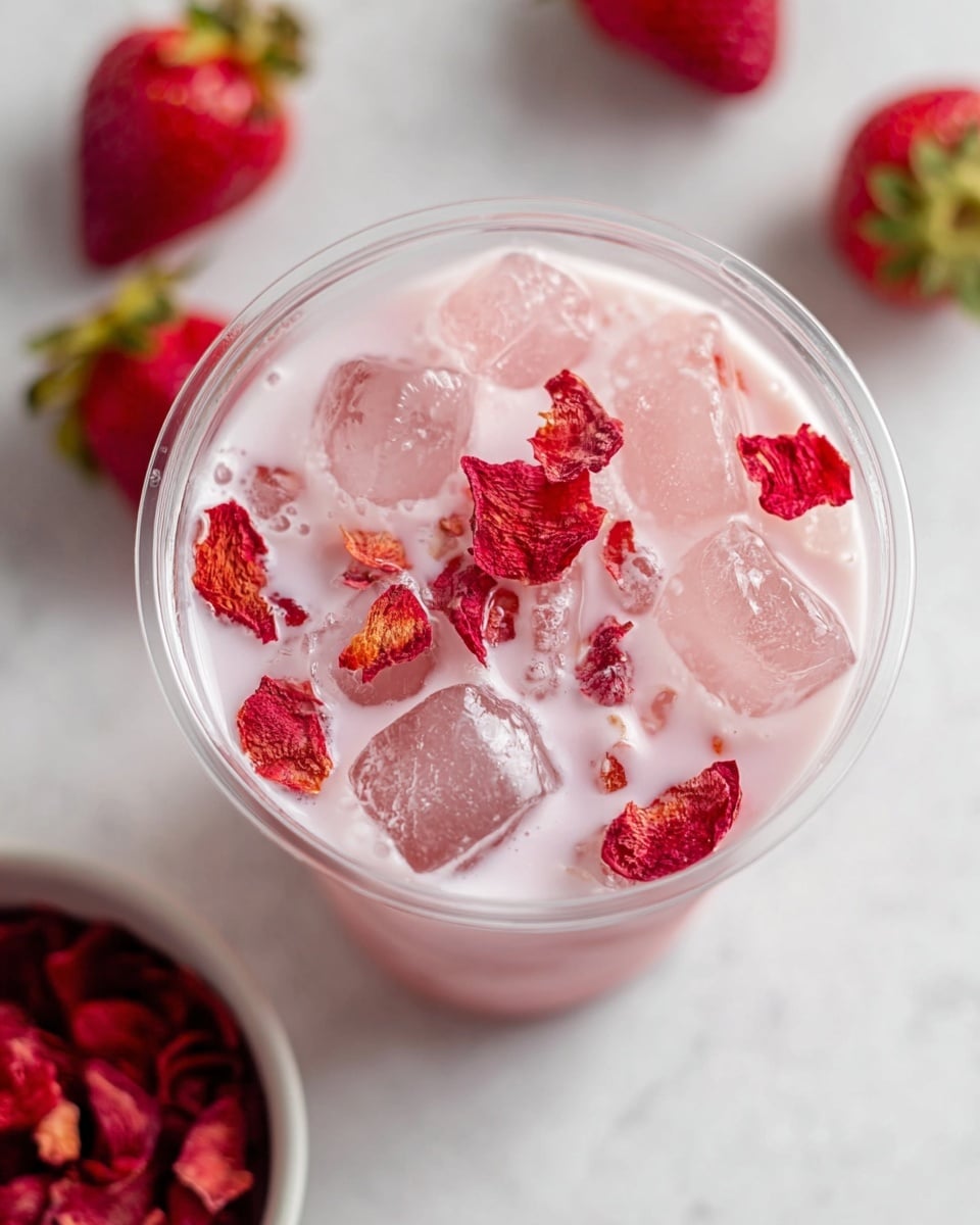 The image shows a clear cup filled with a pale pink creamy drink with ice cubes floating on top. There are bright red dried strawberry slices scattered on the surface inside the drink, adding a pop of color against the light pink liquid. The cup sits on a white marbled surface, and in the background, some fresh whole strawberries with green tops are slightly out of focus. A small white bowl with more dried strawberries is partially visible on the bottom left corner. The photo taken with an iphone --ar 4:5 --v 7