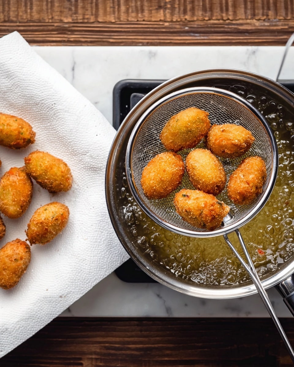 The image shows a metal slotted spoon lifting seven small, golden-brown fried pieces out of bubbling hot oil inside a metal pot on a stove. The fried pieces are oval-shaped with a crispy, textured coating and some orange bits visible inside. To the left, a white paper towel-lined white plate holds several more of the same fried pieces. The pot and plate are placed on a white marbled surface, and the background features a dark wooden texture. Photo taken with an iphone --ar 4:5 --v 7