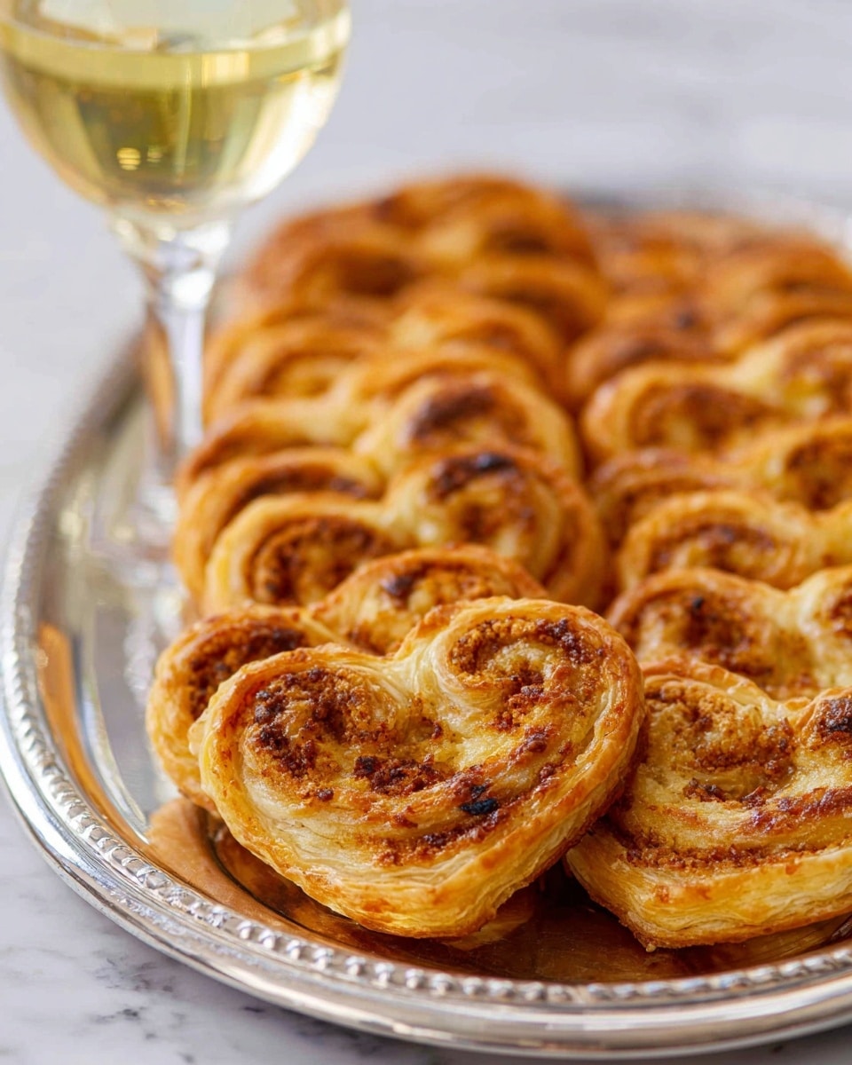 A silver oval tray holds two rows of heart-shaped puff pastry palmiers, each about three layers visible, with a golden brown outer layer and a slightly darker, textured swirl pattern indicating a savory filling with spices. The pastries have a flaky and crispy surface with some charred spots. In the background, a clear glass with a light yellow drink sits on a white marbled surface blurred softly. The photo was taken with an iphone --ar 4:5 --v 7