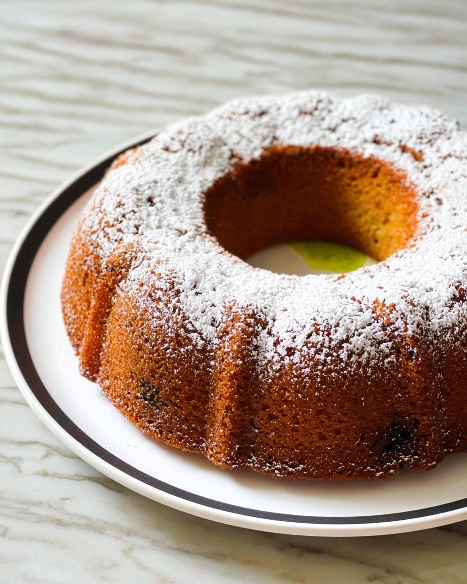 A round bundt cake with one main layer, golden brown in color, slightly rough texture with visible small dark spots inside the cake, lightly dusted with white powdered sugar evenly on top, placed on a white plate with a thin black rim, all set on a white marbled surface photo taken with an iphone --ar 4:5 --v 7