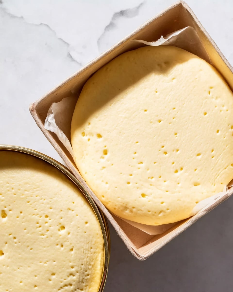 The image shows two thin, circular layers of light yellow dough with small air bubbles on the surface, placed in separate square and round containers. The dough has a soft texture with slight ripples and is positioned against a white marbled background. The square container is open, showing the dough layer inside, while the round container is partially tilted, revealing the dough's edges hanging slightly over the rim. The lighting is bright and natural, highlighting the smooth and moist surface of the dough. Photo taken with an iphone --ar 4:5 --v 7