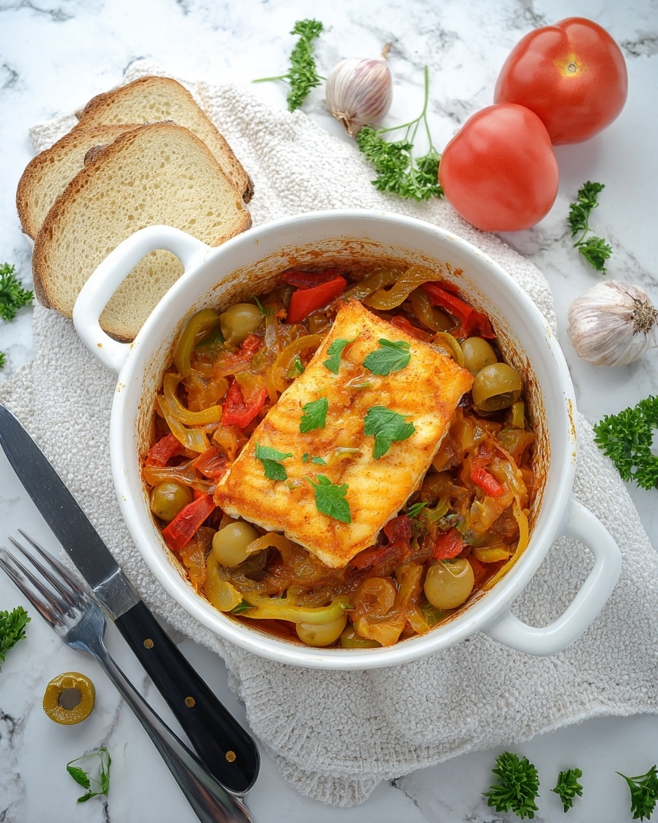 The dish shows a white pot with two handles filled with a colorful stew. At the center, there is a large golden-brown piece of cooked fish, topped with small green parsley leaves. Surrounding the fish, the base layer consists of orange tomato sauce mixed with sliced yellow onions, green olives, and red and green bell pepper strips, all cooked and soft-looking. The pot sits on a white textured cloth on a white marbled surface. Nearby, there are three slices of light brown bread placed to the left of the pot. In the background on the marbled surface, two red tomatoes and a bulb of garlic rest at the top right. Scattered green parsley leaves add extra color around the pot. To the right of the pot, a knife and fork with black handles lie on the surface. Photo taken with an iphone --ar 4:5 --v 7