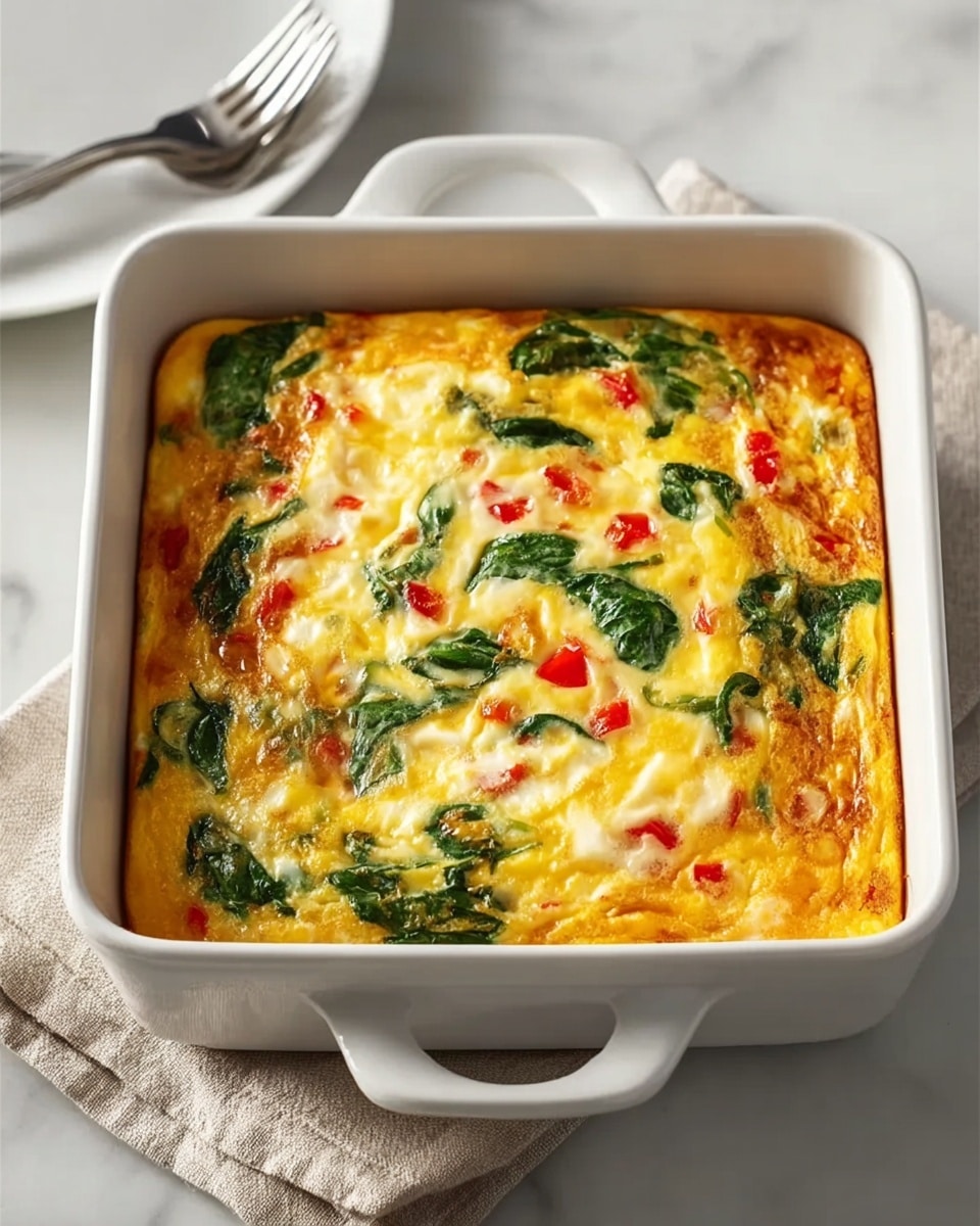 A baked egg dish in a white rectangular baking dish with handles, showing a golden-brown top layer with melted cheese. Inside, there are bright green spinach leaves and small red bell pepper pieces scattered evenly throughout. The texture looks fluffy and slightly firm with a light crust on the edges. The dish sits on a white marbled surface next to a beige cloth napkin with a silver fork placed on top. The lighting is natural, highlighting the warm colors of the dish. photo taken with an iphone --ar 4:5 --v 7