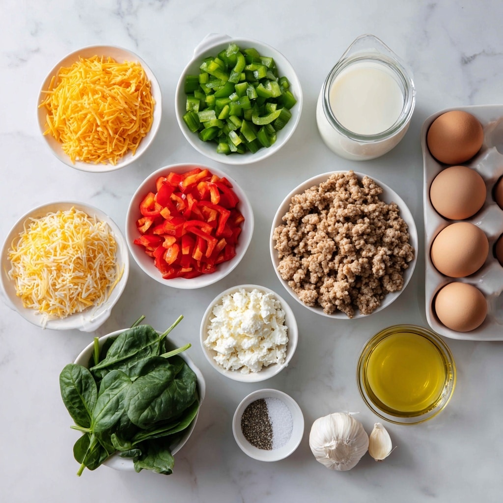 The image shows various ingredients arranged on a white marbled surface. There are small white bowls filled with bright green diced bell peppers, vibrant red diced bell peppers, shredded orange cheese, white cottage cheese, fresh green spinach leaves, and cooked ground turkey with a brown color. A glass jar of milk is placed near a carton of a dozen white eggs. There are small white dishes holding salt and ground black pepper. A small glass container with golden olive oil and a clove of garlic are also included. All items are neatly spaced, clean, and well-lit, with clear labels above each bowl or ingredient. Photo taken with an iphone --ar 4:5 --v 7