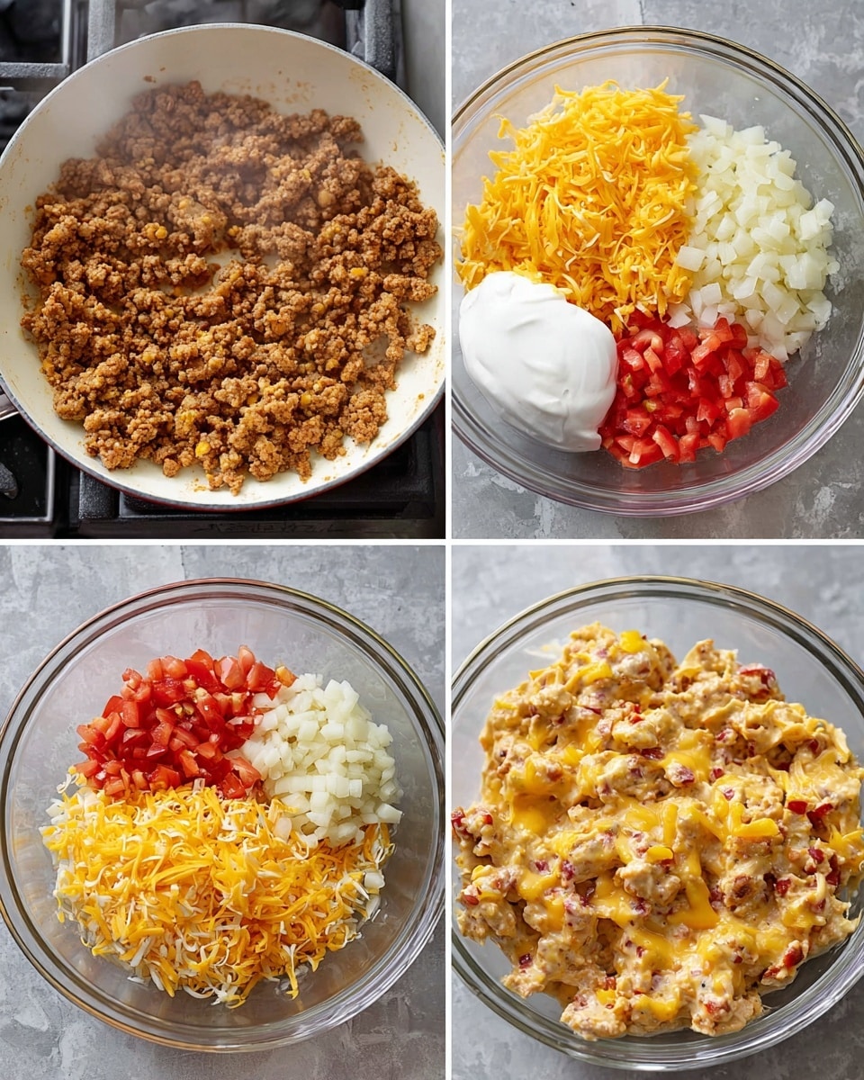 The image shows four steps of food preparation in a grid format. The first part shows a white pan filled with cooked, crumbled ground meat that is brown with some steam rising from it, held over a stove. The second part displays a clear glass bowl with five layers in a raw mix: a base of white diced vegetables, topped with a pile of bright yellow mustard, a scoop of white creamy sour cream, a small amount of red diced tomatoes, and a heap of shredded orange cheddar cheese. The third part shows the same bowl with the ingredients mixed into a creamy, chunky mixture of mostly pale yellow with red bits spread throughout. The last part reveals the same bowl with the creamy mix combined with the cooked brown ground meat, with textures showing chunks of meat and creamy cheese dotted with red and white pieces, mixed evenly. Photo taken with an iphone --ar 4:5 --v 7