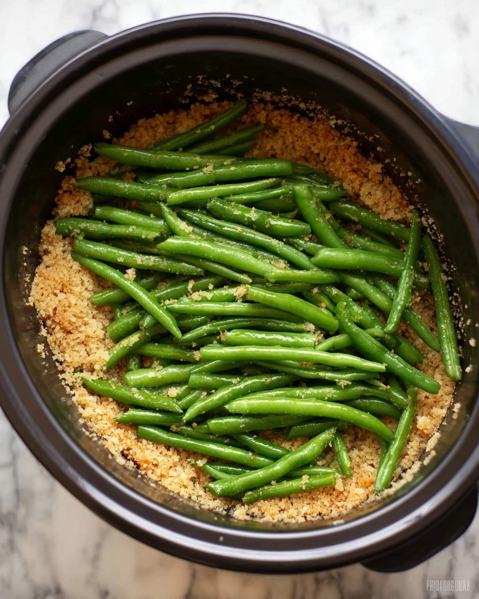 Inside a black cooking pot, there is a dish with two main layers. The bottom layer is light brown and crumbly, looking like cooked rice or a grain base, covering the whole bottom of the pot. On top, fresh green beans with a firm texture are spread out evenly in a single layer, showing their bright green color and smooth skins. The beans are arranged loosely, with some overlapping and their ends pointing in different directions. The pot is on a white marbled surface, and the photo taken with an iphone --ar 4:5 --v 7
