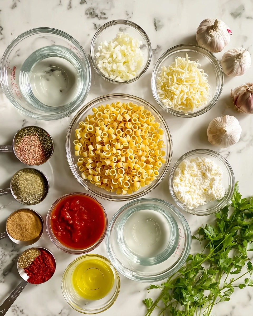A white marbled surface holds many clear glass bowls and measuring cups with cooking ingredients arranged neatly. In the center is a bowl filled with small, round pasta rings, golden yellow in color. Surrounding it are bowls of finely chopped white onions, minced garlic, grated white cheese, and yellow powder. Two larger measuring cups contain clear water and brown broth. A small bowl with smooth, red tomato paste and another clear bowl with pale yellow oil sit near the center. On the left are five metal measuring spoons filled with various spices, from red flakes to green herbs and beige powders. At the top right, two whole garlic bulbs and a small bunch of fresh green parsley complete the layout. The scene is bright and clean, with even light showing all details clearly. Photo taken with an iphone --ar 4:5 --v 7