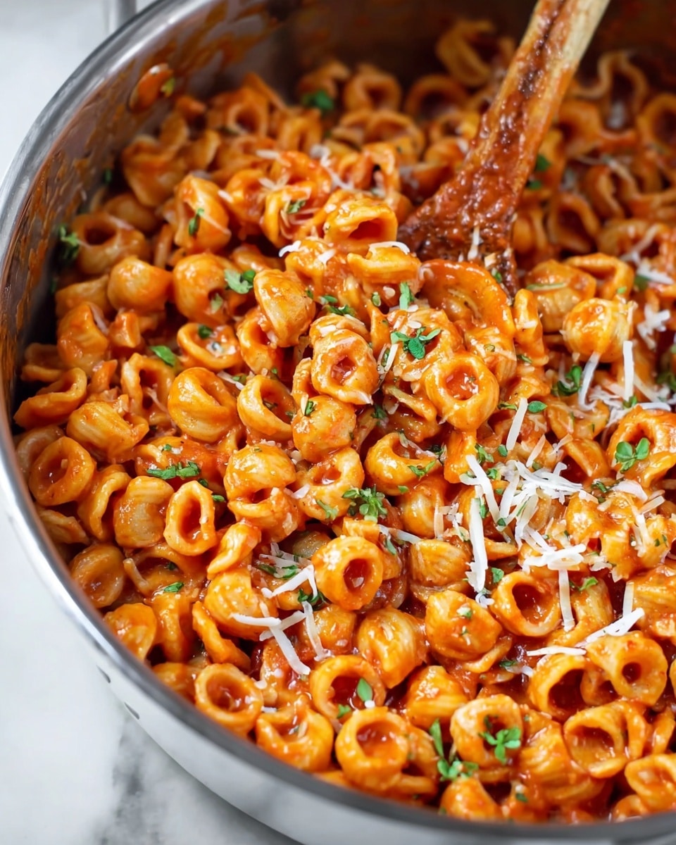 A white bowl filled with creamy orange pasta, with small ring-shaped pasta covered evenly in a thick, smooth sauce. On top, there are thin green basil strips and scattered small red chili flakes, along with white grated cheese sprinkled in patches. A silver spoon rests inside the bowl on the right side, partially submerged in the pasta. The bowl sits on a white marbled surface with some chili flakes scattered around. photo taken with an iphone --ar 4:5 --v 7