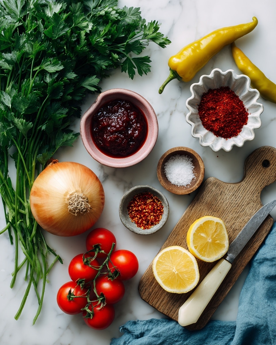 The image shows a flat lay of fresh cooking ingredients placed on a white marbled surface. On the left side, there is a large green bunch of fresh parsley with detailed leaves, below it a whole yellow onion with a rough skin, and a small pink bowl filled with thick dark pomegranate molasses. In the center, there are four small containers: red pepper flakes with a coarse texture, kosher salt with a coarse white grainy texture in a small wooden bowl, sumac powder in a rustic gray bowl, and a Turkish red pepper paste in a white scalloped bowl with a smooth texture and deep red color. To the right of these containers, two long, shiny green peppers with curved shapes lie side by side. Further right, a wooden cutting board holds two lemon halves, showing the juicy pale yellow interior, next to a small knife with a cream handle. Below the peppers and cutting board, a cluster of four shiny red tomatoes on the vine is placed. A soft blue cloth is casually laid near the bottom right edge. The composition is neat with natural lighting highlighting the colors and textures. Photo taken with an iphone --ar 4:5 --v 7