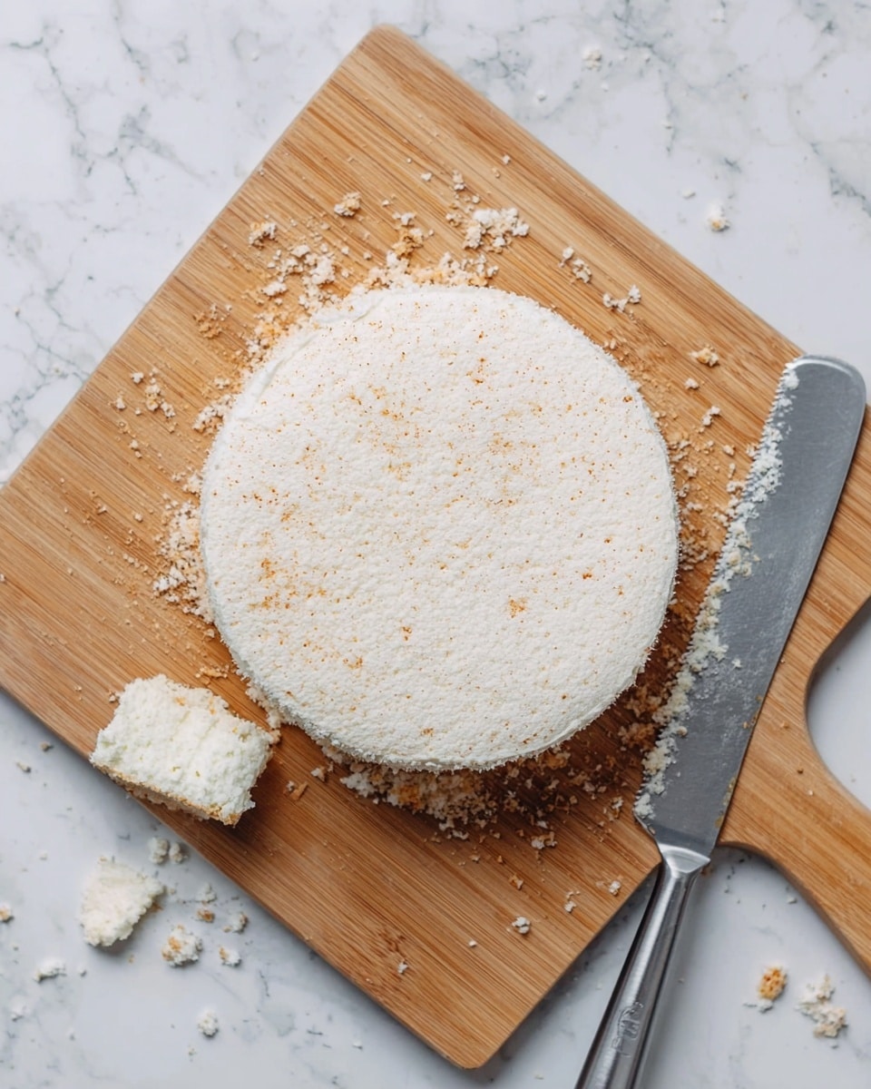 A round white cake layer sits on a wooden cutting board with crumbs scattered around it, showing the cake's soft and slightly crumbly texture. To the right of the cake layer is a silver serrated knife with crumbs on its blade. The wooden board is placed on a white marbled surface, enhancing the clean and simple scene. photo taken with an iphone --ar 4:5 --v 7