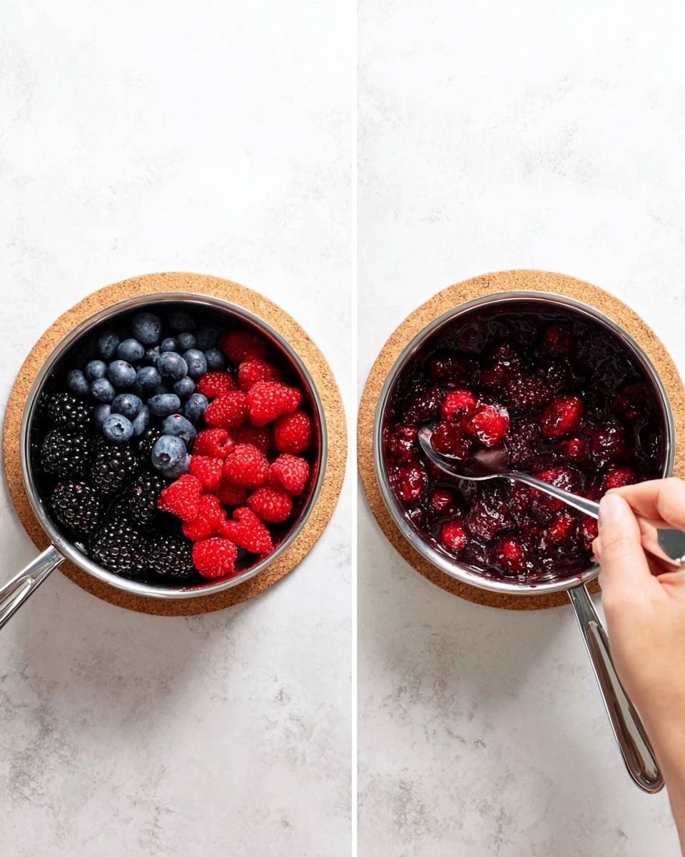 Two side-by-side images show a small silver pot sitting on a round cork mat on a white marbled surface. The left image shows the pot filled with three layers of fresh berries: black blackberries at the top left, bright red raspberries in the middle, and blue blueberries at the bottom left. A woman's hand is holding a few blueberries above the pot. The right image shows the same pot now filled with cooked berries mixed together, dark purple and red in color, with a silver spoon resting inside the pot. Photo taken with an iphone --ar 4:5 --v 7