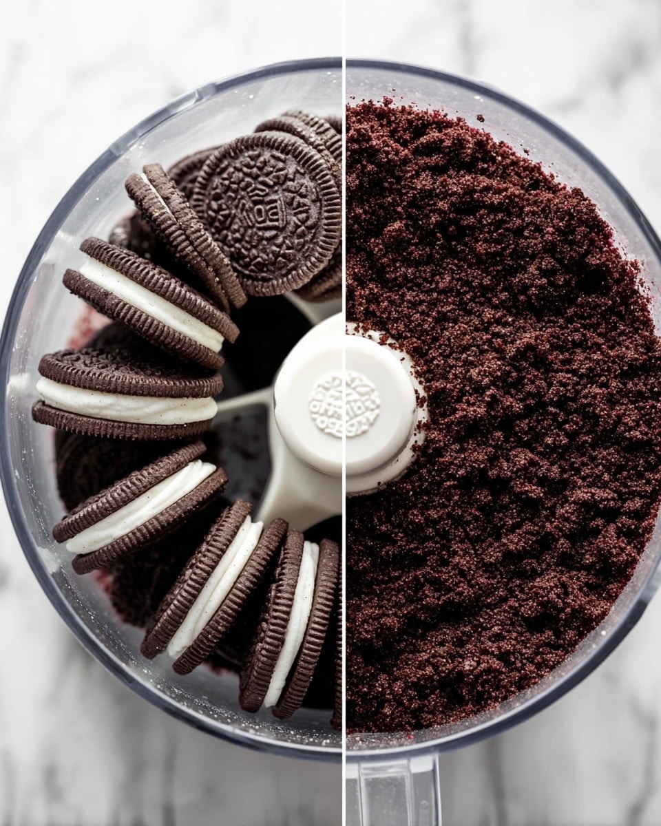 The image shows two close-up views inside a clear food processor bowl on a white marbled surface. On the left, there is one layer of whole chocolate sandwich cookies with white filling, arranged standing up around the white central blade column. On the right, the same cookies are crushed into a fine crumb layer with a dark brown color, evenly spread inside the bowl around the white blade column. The texture looks crumbly and powdery. photo taken with an iphone --ar 4:5 --v 7