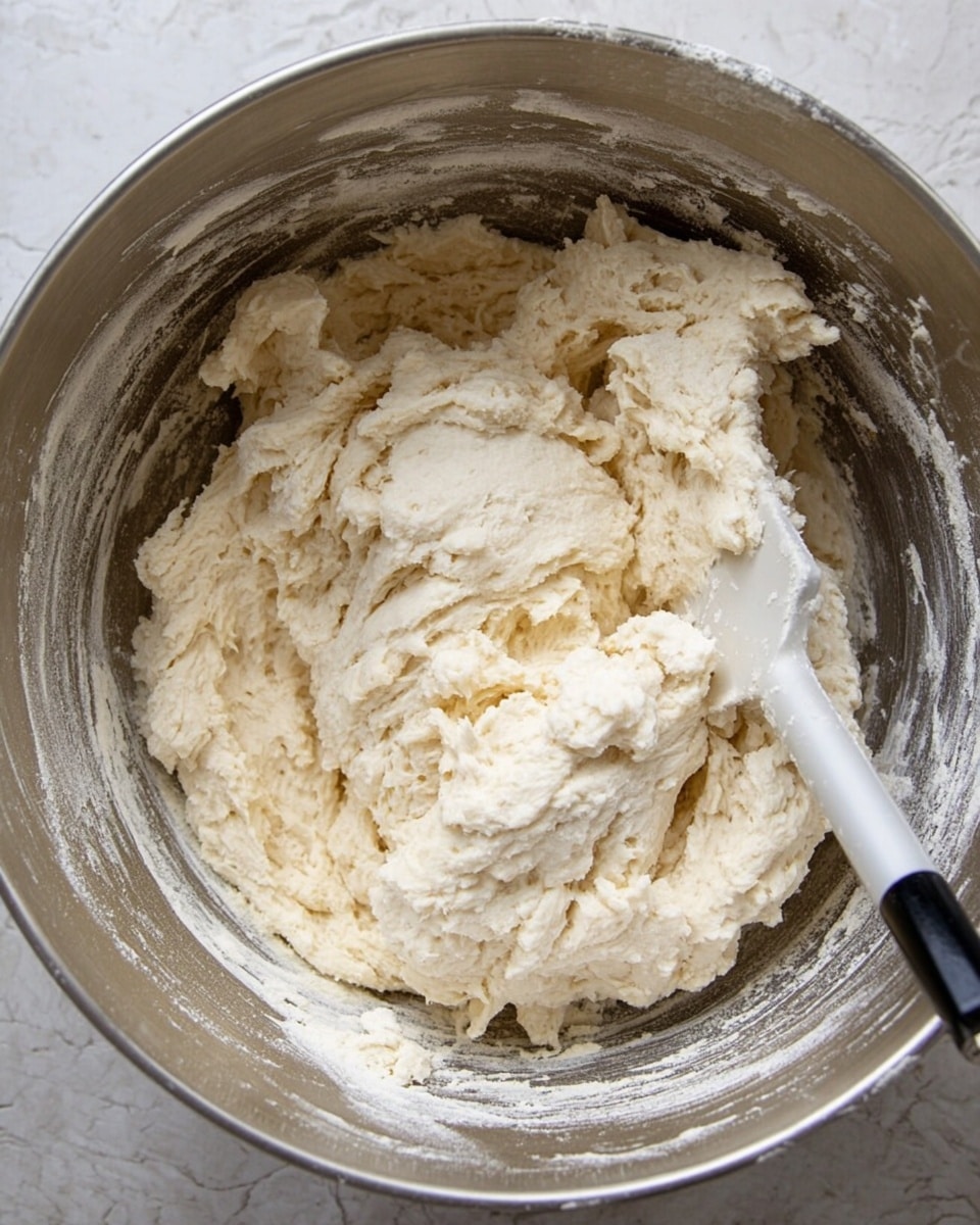 The image shows a close-up of a thick dough mixture inside a large metal mixing bowl. The dough is pale cream in color with a rough, uneven texture, and it looks slightly sticky with bits of flour dusted on top. A white and black spatula is partly stuck into the dough on the right side of the bowl. The metal bowl has a shiny silver color with some flour residue stuck to the sides. The background is a white marbled surface. photo taken with an iphone --ar 4:5 --v 7