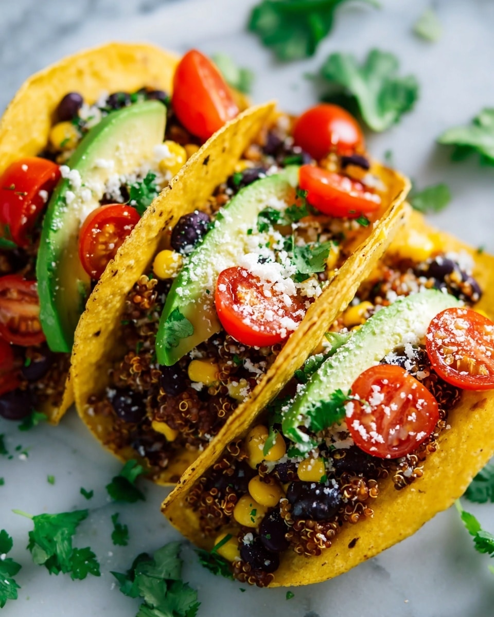 Three tacos are shown close up on a white marbled surface. Each taco has one yellow grilled tortilla shell, slightly crispy and folded to hold the filling. Inside each shell, there is a bottom layer of cooked quinoa and black beans mixed with corn kernels, giving a mix of brown, black, and yellow colors. On top of this, fresh green avocado slices are placed. Next, bright red halved cherry tomatoes are added, with some sprinkled white cheese. Small green leaves of cilantro are scattered on top and around the tacos. The whole scene is bright and colorful, showing fresh and healthy ingredients. Photo taken with an iphone --ar 4:5 --v 7