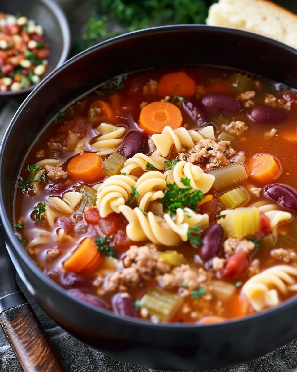 A large white bowl sits on a white marbled surface filled with several layers of sauce and ingredients. The bottom layer is a dark reddish-brown tomato sauce, with sections of sliced green celery on top of it. To the left of the celery are white beans, and to the right are bright orange shredded carrots. There are also chopped tomatoes on the right side near the carrots. Various spices, including black pepper and dried herbs, are sprinkled at the center layer over the vegetables. A white and blue striped cloth is visible on the left edge, and a small wooden bowl of dry pasta sits in the top right background. photo taken with an iphone --ar 4:5 --v 7