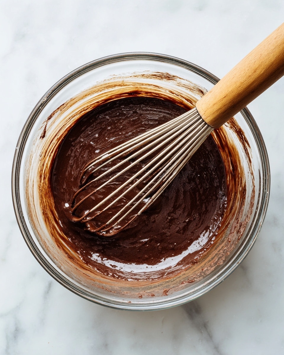 A clear glass bowl filled with a thick dark brown chocolate batter with lighter brown streaks mixed in, showing an uneven texture. A whisk with a wooden handle rests inside the bowl, coated with the chocolate mixture. The bowl is placed on a white marbled surface, creating a clean and bright background. photo taken with an iphone --ar 4:5 --v 7