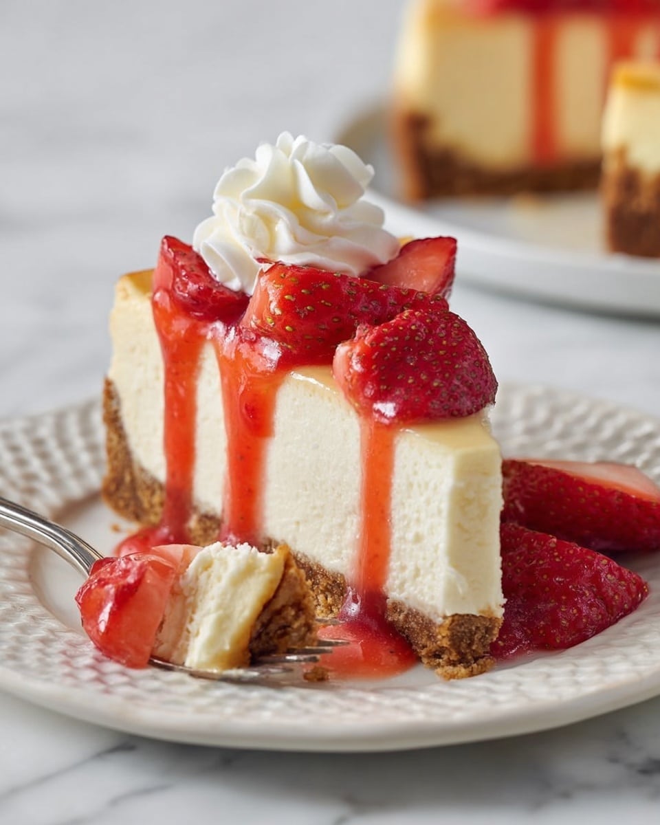 A round cheesecake with a light yellow smooth top layer sitting on a white plate with a crumbly brown crust base layer visible at the edge; four triangular slices are cut, with one slice slightly lifted by a gold serving spatula beneath it; the background is a white marbled surface scattered with fresh bright red strawberries and a white bowl filled with strawberry sauce containing sliced strawberries positioned at the lower left corner; at the top right, a white plate holds one cheesecake slice topped with strawberry sauce and strawberry pieces; an off-white napkin is placed near the corner. photo taken with an iphone --ar 4:5 --v 7