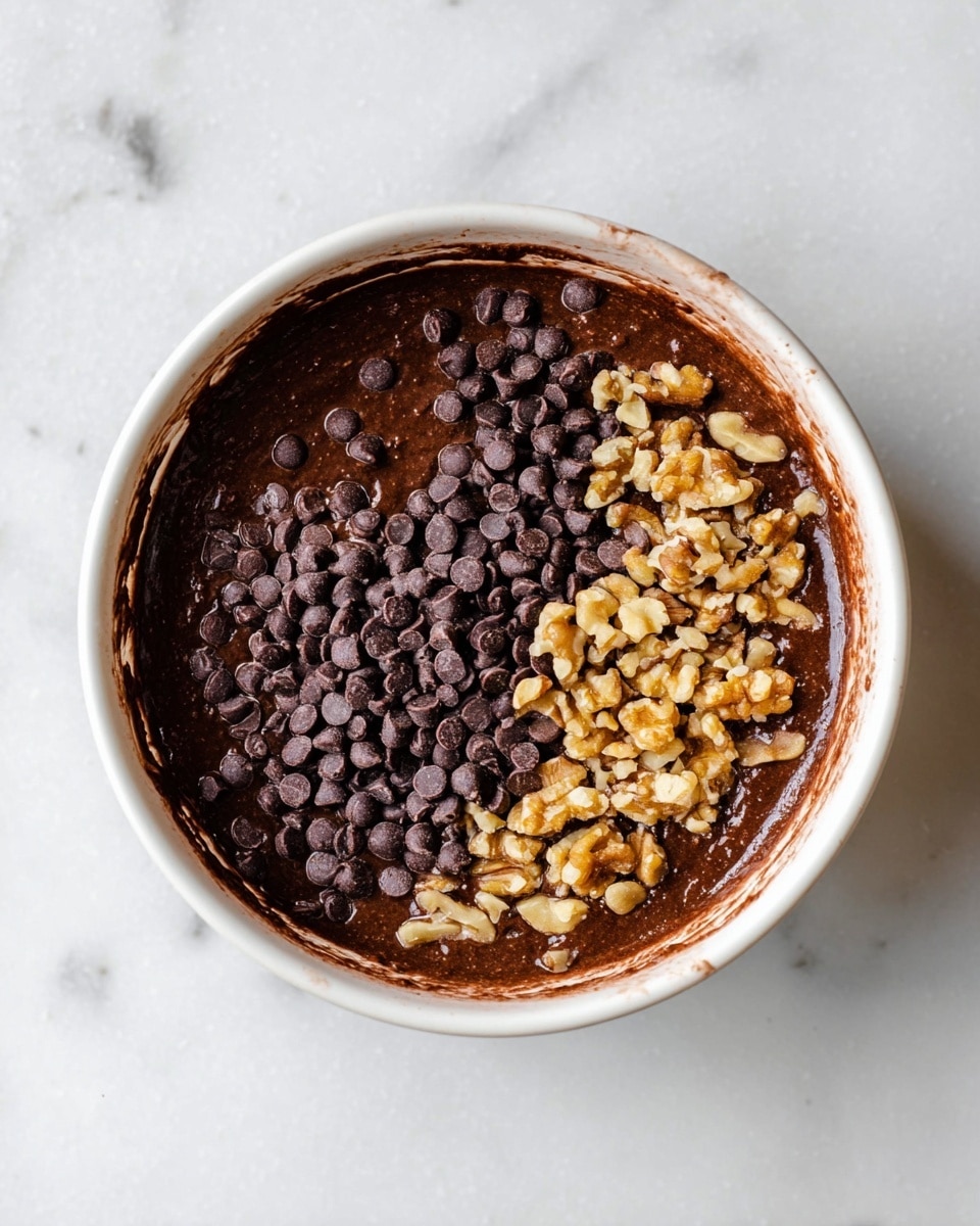 A white bowl filled with dark chocolate batter with a thick texture forms the base layer, topped on one side with many small, round, dark chocolate chips creating a dense, textured layer, and on the other side with roughly chopped light brown walnuts that add a chunky, uneven texture. The bowl is placed on a white marbled surface. photo taken with an iphone --ar 4:5 --v 7