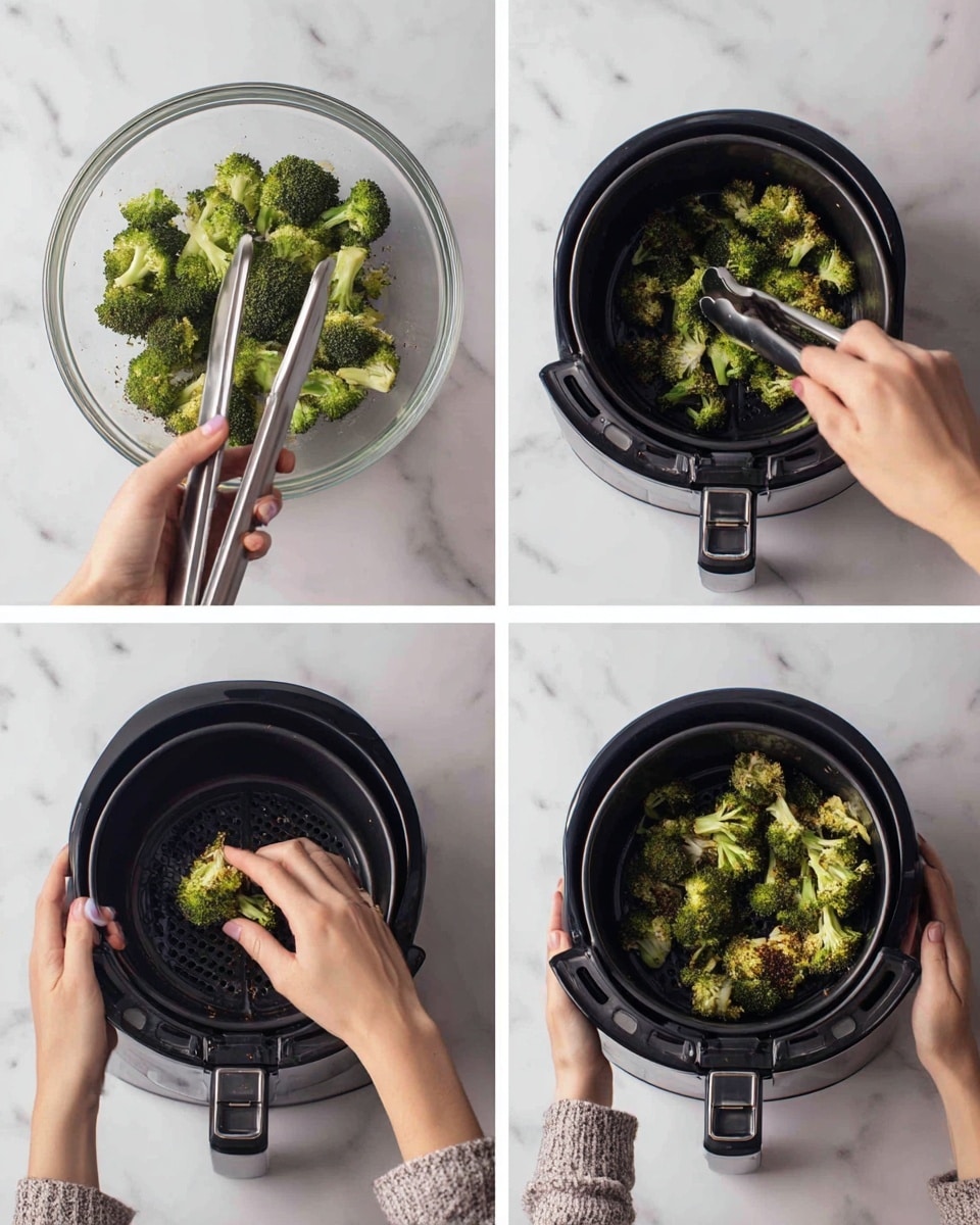 The image shows four steps of cooking broccoli in an air fryer, all on a white marbled surface. In the first step (top left), a woman's hand holds silver tongs over a clear glass bowl filled with bright green broccoli florets mixed with seasoning. In the second step (top right), the same woman's hand uses tongs to place the broccoli into a black air fryer basket. The third step (bottom left) shows the woman’s hand turning the broccoli inside the air fryer, where the broccoli has started to brown and crisp. The last step (bottom right) displays the cooked broccoli with browned edges settled inside the air fryer basket. Photo taken with an iphone --ar 4:5 --v 7