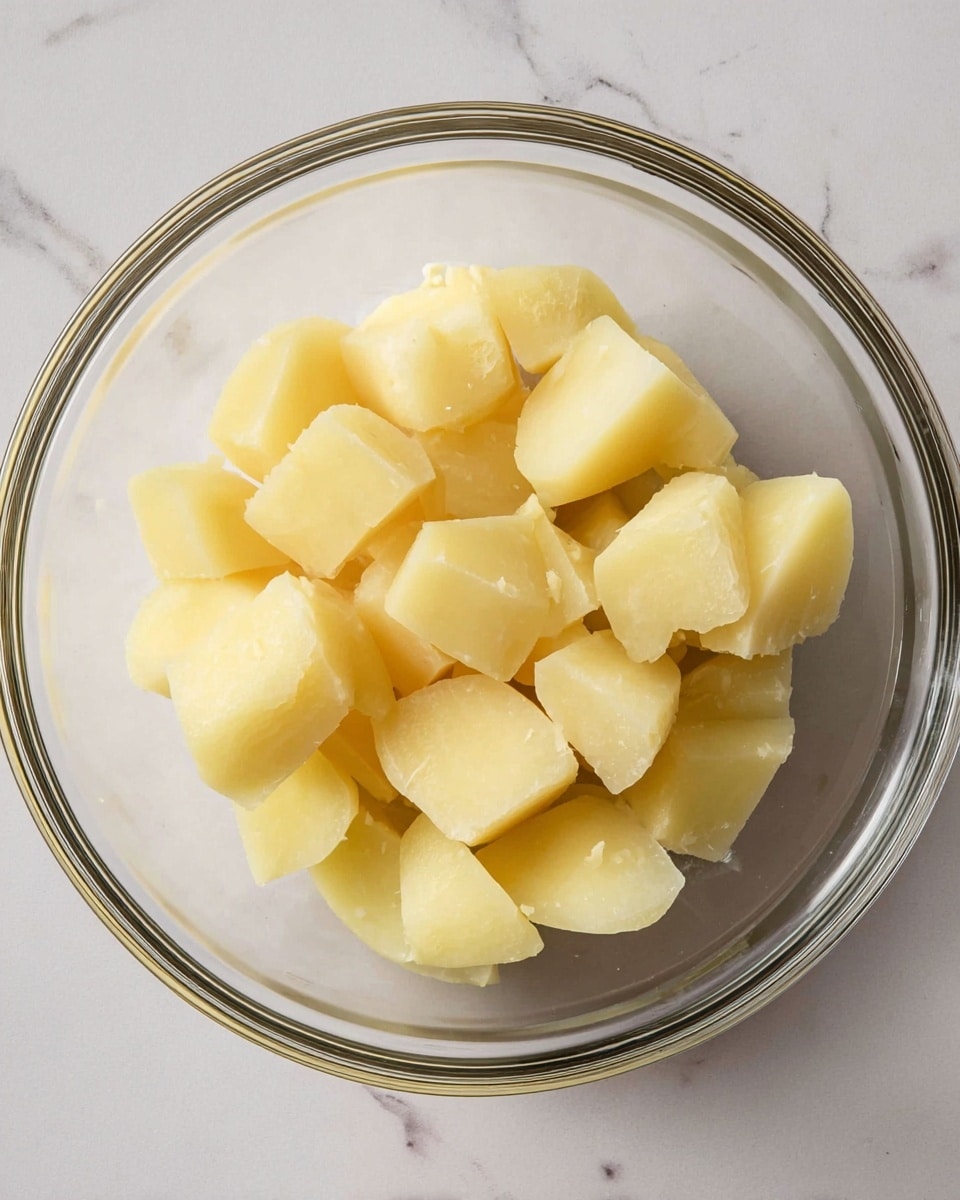 A clear glass bowl sits on a white marbled surface. Inside the bowl are medium-sized pieces of peeled boiled potatoes, roughly cut into chunks. The potatoes are pale yellow with smooth and slightly moist textures. The bowl's clear round edges frame the simple potato pieces resting inside. Photo taken with an iphone --ar 4:5 --v 7
