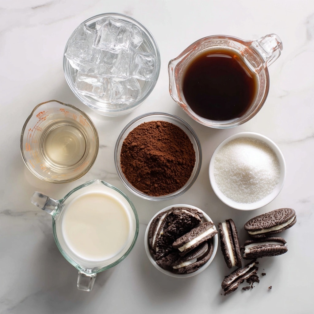 A tall clear glass filled with a dark brown chocolate milkshake, topped with a thick layer of white whipped cream. On top of the whipped cream are small pieces of crushed dark chocolate cookies scattered unevenly. A white straw is inserted diagonally from the right side into the whipped cream. Around the glass, larger pieces of crushed dark chocolate cookies are spread on a white marbled surface. Photo taken with an iphone --ar 4:5 --v 7