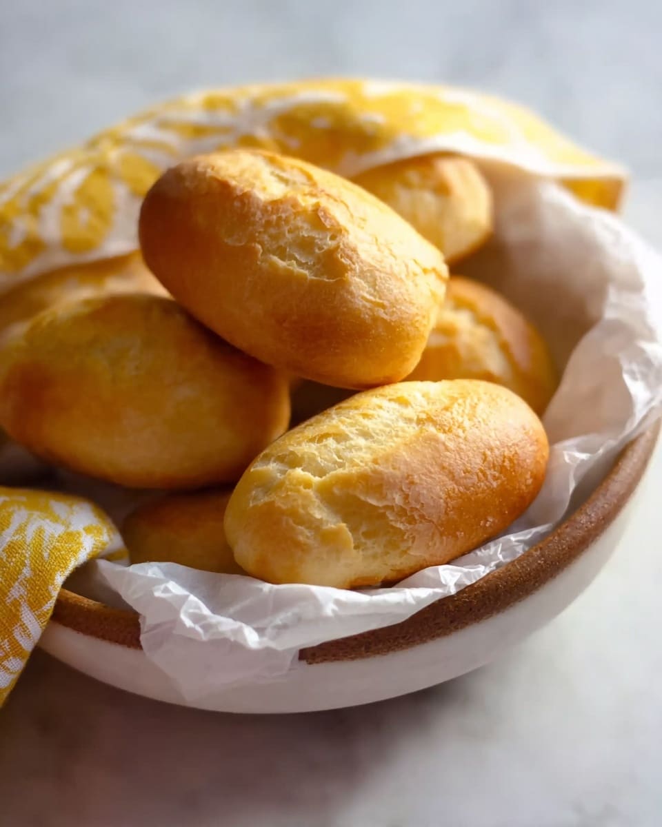 A round white bowl holds several small golden-brown rolls with a soft, slightly cracked crust. The rolls rest on crumpled white parchment paper inside the bowl, and a yellow and white patterned cloth is partly visible draped over the edge. The background and surface below the bowl show a white marbled texture. The rolls are stacked loosely, with the closest one in clear focus while the rest blur softly into the background. Photo taken with an iphone --ar 4:5 --v 7
