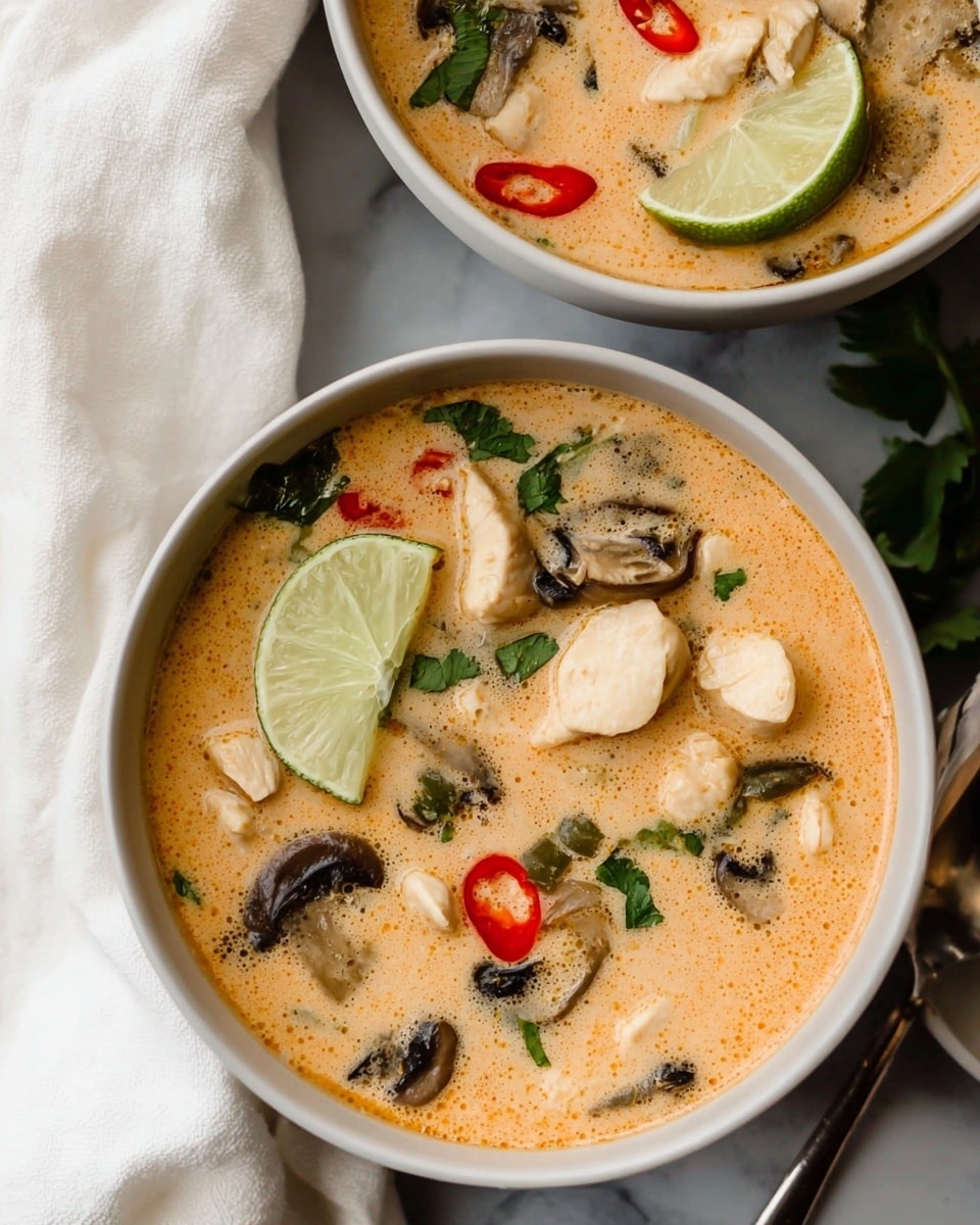 Two black bowls filled with creamy light beige soup are placed on a white marbled surface. The soup has visible pieces of white chicken, dark brown mushroom slices, bright red chili slices, and green cilantro leaves scattered on top. Each bowl also has a wedge of fresh green lime resting on the surface. A gold spoon is placed inside the bottom bowl. Both bowls are surrounded by a white cloth, adding softness to the scene. The lighting is bright, showing the creamy texture and fresh ingredients clearly photo taken with an iphone --ar 4:5 --v 7