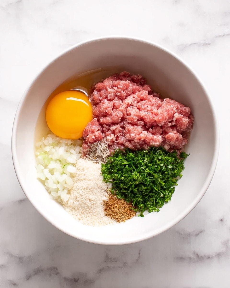 The image shows a white metal baking tray with some marks around the edges, lined with white parchment paper. On the tray, there are 24 small round raw meatballs arranged in four rows and six columns. Each meatball has a mix of pink raw meat and small green pieces of herbs, with a slightly rough texture visible. The tray is placed on a white marbled surface. photo taken with an iphone --ar 4:5 --v 7