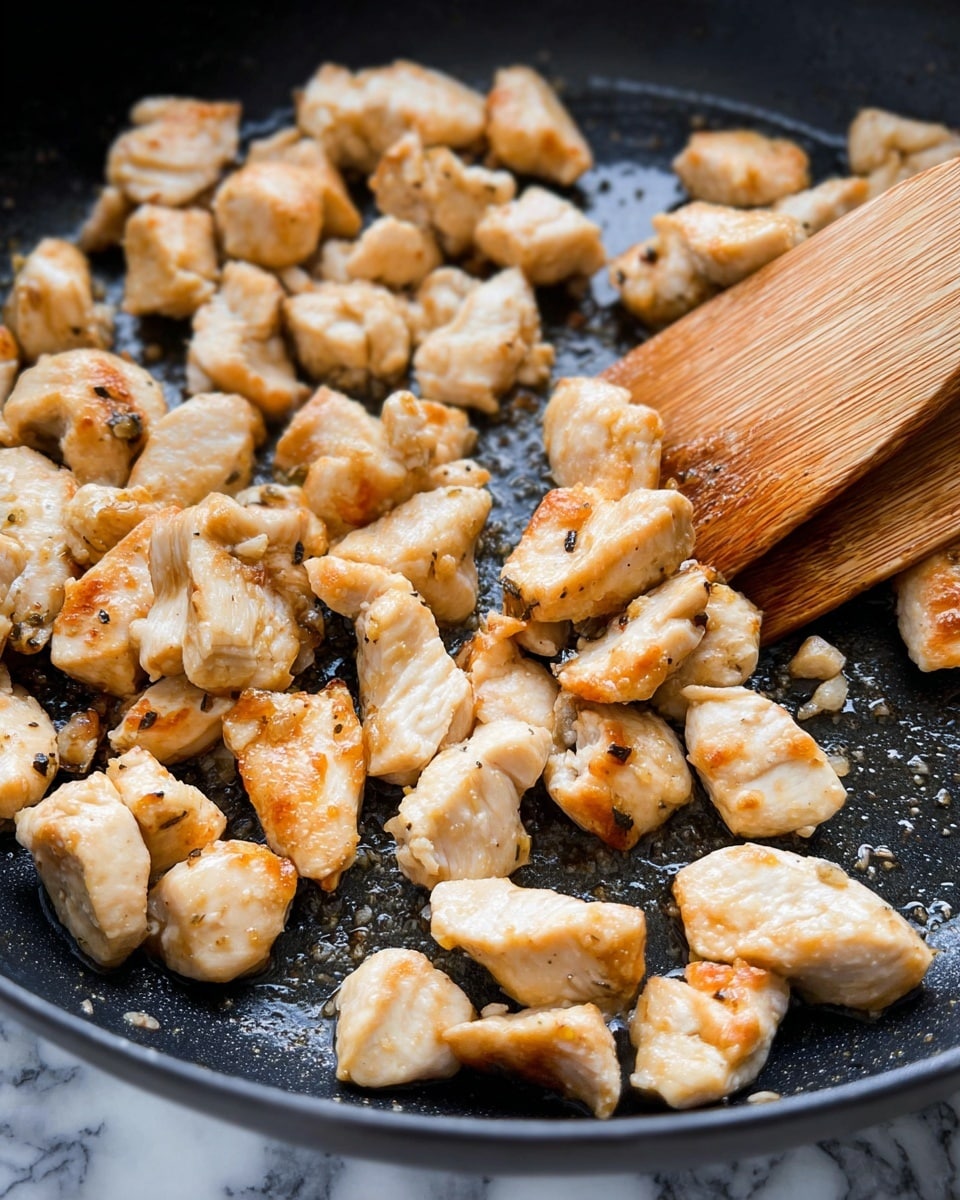 The image shows many small pieces of light golden cooked chicken scattered in a black pan. The chicken pieces have a slightly shiny texture with some browned spots, indicating they were cooked well. There is a light coating of oil on the pan surface, and a wooden spatula is lifting some pieces of chicken from the right side. The background surface features a white marbled texture. photo taken with an iphone --ar 4:5 --v 7