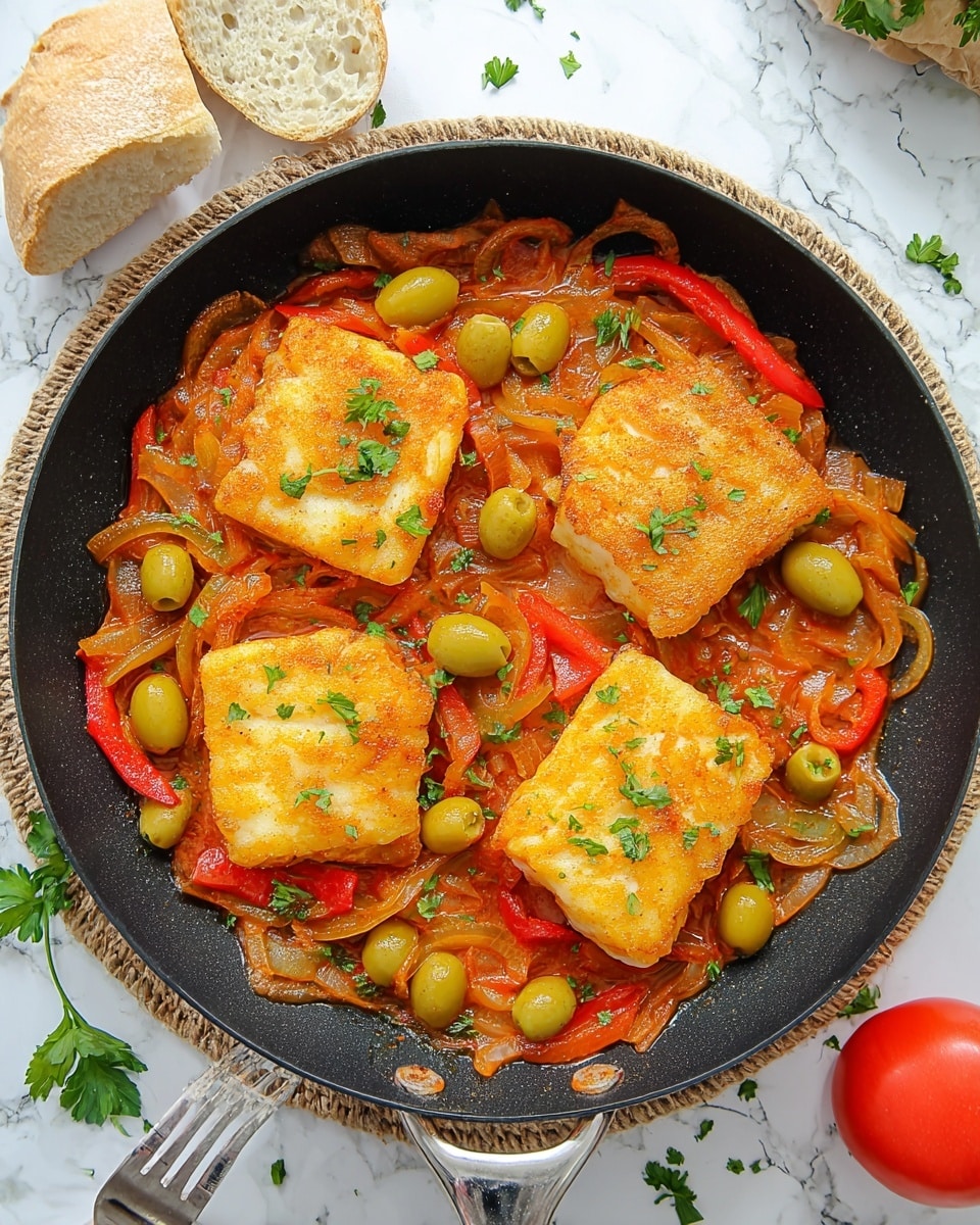 A white bowl filled with a warm, colorful stew as the base layer, consisting of sliced onions, green olives, red bell peppers, and a rich orange sauce. On top lies a large, golden-yellow fried piece of fish with a slightly crispy texture, garnished with small green herb leaves. A silver fork is gently breaking into the fish, showing the soft white inside. The bowl is placed on a white marbled surface with some scattered green herbs around. photo taken with an iphone --ar 4:5 --v 7