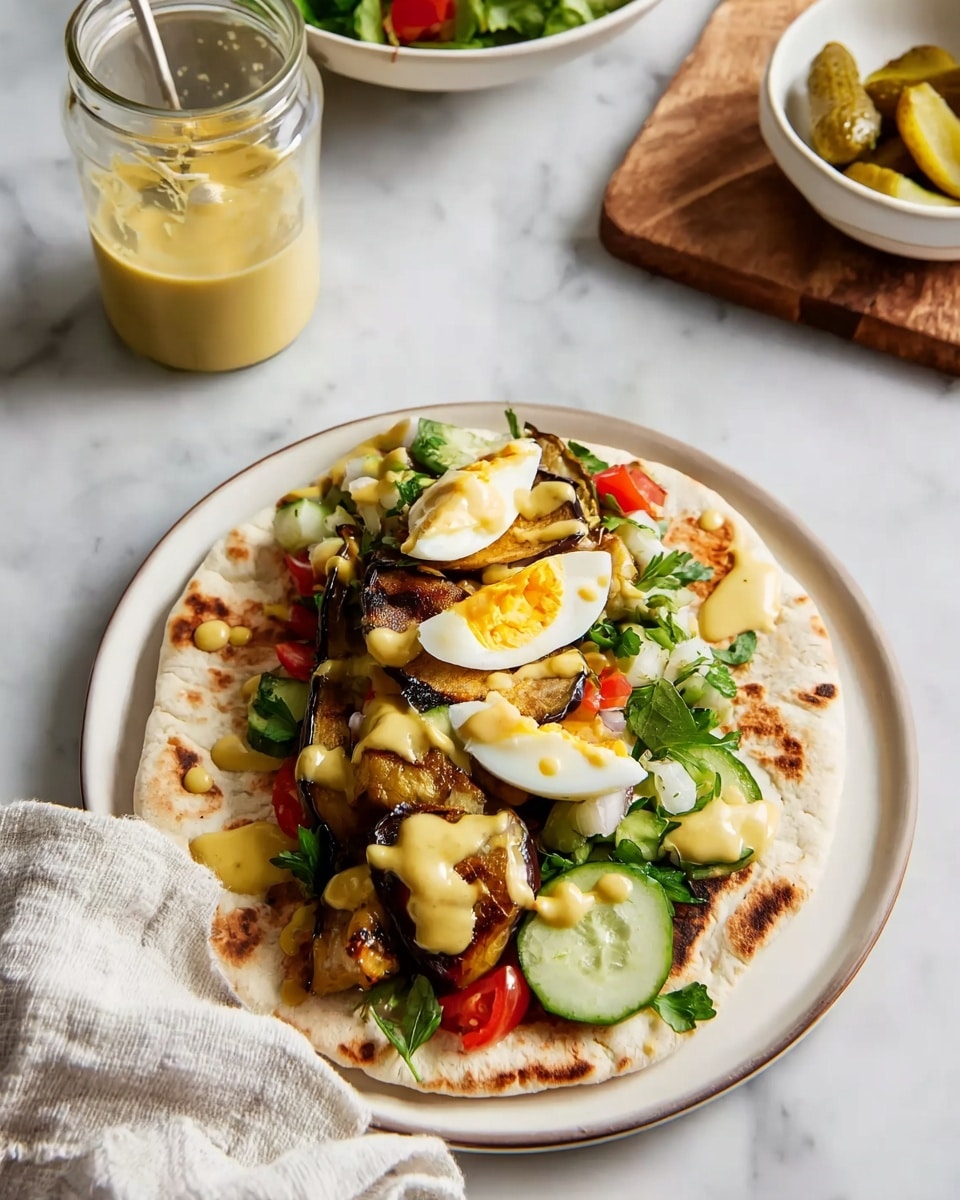 A dark baking tray sits on a white marbled surface and holds several different foods arranged neatly. On the left side, there are five halved boiled eggs with bright orange yolks, positioned next to two folded flatbreads with a slightly toasted texture. In the center, there is a small bunch of fresh green parsley. Near the parsley, a white bowl contains creamy light beige hummus with a smooth swirl on top. In front of it, another white bowl has a pale creamy sauce with olive oil and a small spoon inside. To the right, there are several lightly browned slices of grilled eggplant placed in a row. Next to the eggplant, a white bowl contains chopped fresh vegetables including red tomatoes, green cucumbers, and herbs. At the bottom right corner, there is a small pile of sliced pickles. A white cloth partially covers the top left corner of the image. The photo taken with an iphone --ar 4:5 --v 7