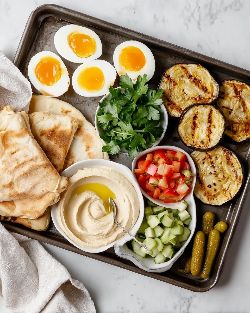 A white round flatbread on a white plate with a soft brown edge holds several layers: at the bottom are chopped green cucumbers and small red tomato pieces mixed with fresh green parsley leaves, above them are thick slices of grilled eggplant with a light golden-brown surface, topped with three quartered boiled eggs showing soft yellow yolks and white edges, all drizzled with a creamy yellow sauce. The plate sits on a white marbled surface, next to a clear glass jar filled with the same yellow sauce and a small spoon inside it, a white bowl with pickle slices, and a white bowl with a mixed salad of greens and tomatoes on a wooden board. A slightly crumpled white cloth is near the plate. photo taken with an iphone --ar 4:5 --v 7