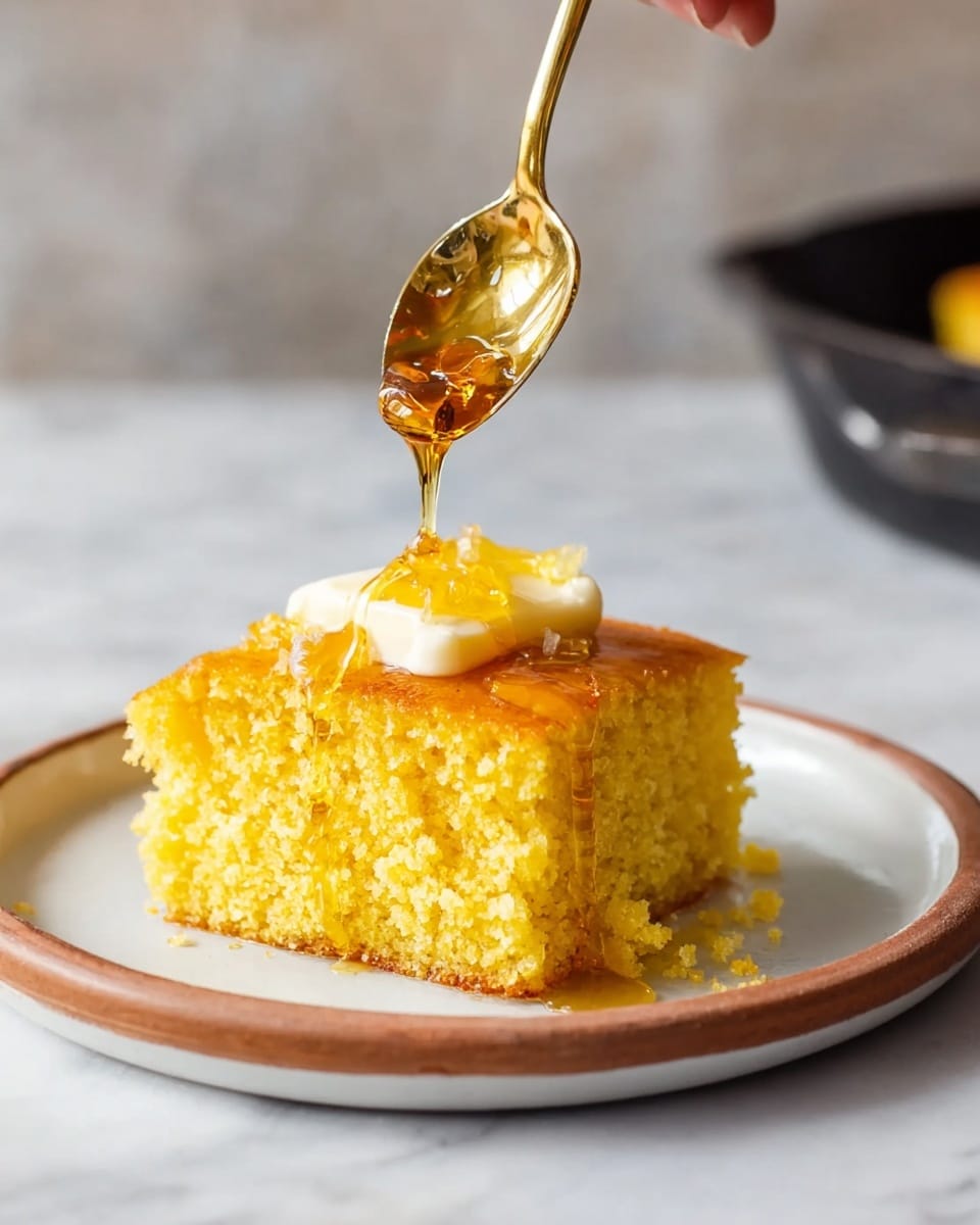 A square piece of golden yellow cornbread with a soft, crumbly texture sits centered on a white plate with a thin brown edge. On top of the cornbread is a small, thick square of melting pale yellow butter. Above, a woman's hand holds a small golden spoon pouring amber-colored syrup, creating a glossy stream that drips down the sides of the butter and cornbread. The background and surface show a white marbled texture with part of a dark pan blurred out behind. photo taken with an iphone --ar 4:5 --v 7