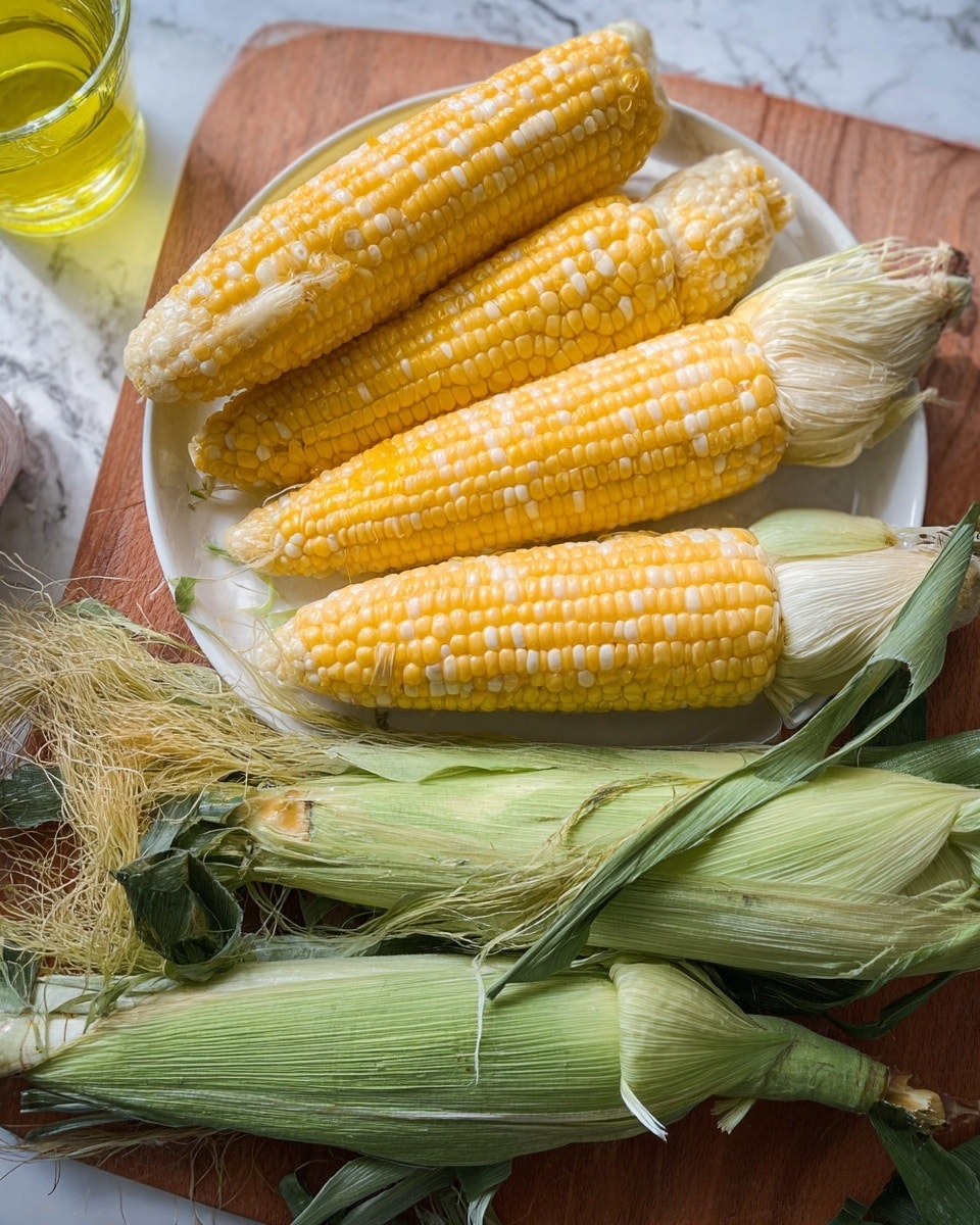 The image shows four ears of yellow corn with plump kernels lying on a white plate. Around the corn, there are green corn husks with light yellow silks attached, some loosened and spread out on the plate. The plate sits on a wooden board, and there is a glass of yellow liquid in the top left corner. The background is a white marbled surface. photo taken with an iphone --ar 4:5 --v 7