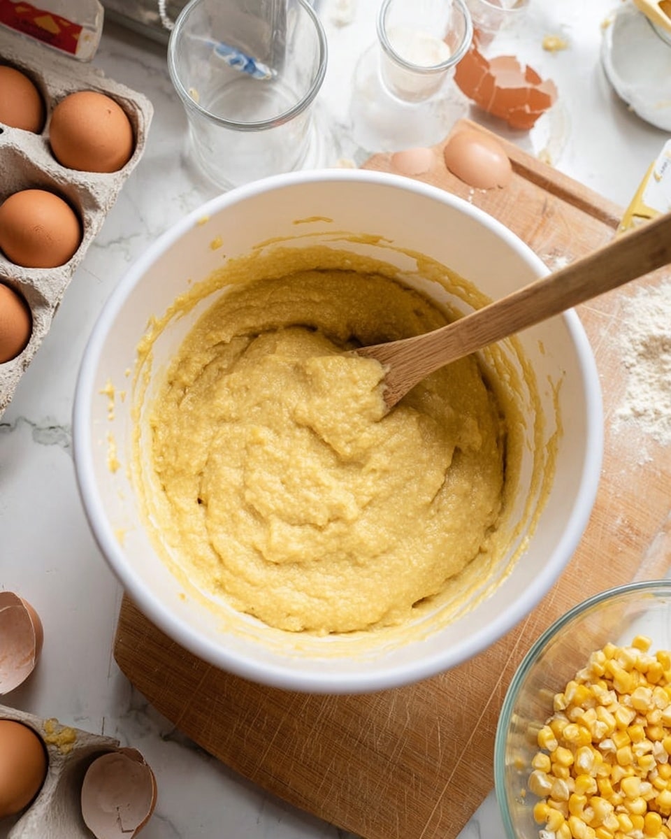 A white bowl filled with thick, yellowish batter with a slightly lumpy texture holds a wooden spoon partially covered in the batter, resting inside the bowl. Around the bowl, there is an open carton with some whole and cracked brown eggshells on a white marbled surface. Nearby are two empty clear glass containers and a few scattered pieces of yellow corn kernels. The edge of a white bowl with more fresh corn kernels can be seen at the bottom right. The setting includes a wooden cutting board under the bowl and a hint of kitchen tools and a white marbled background. Photo taken with an iphone --ar 4:5 --v 7