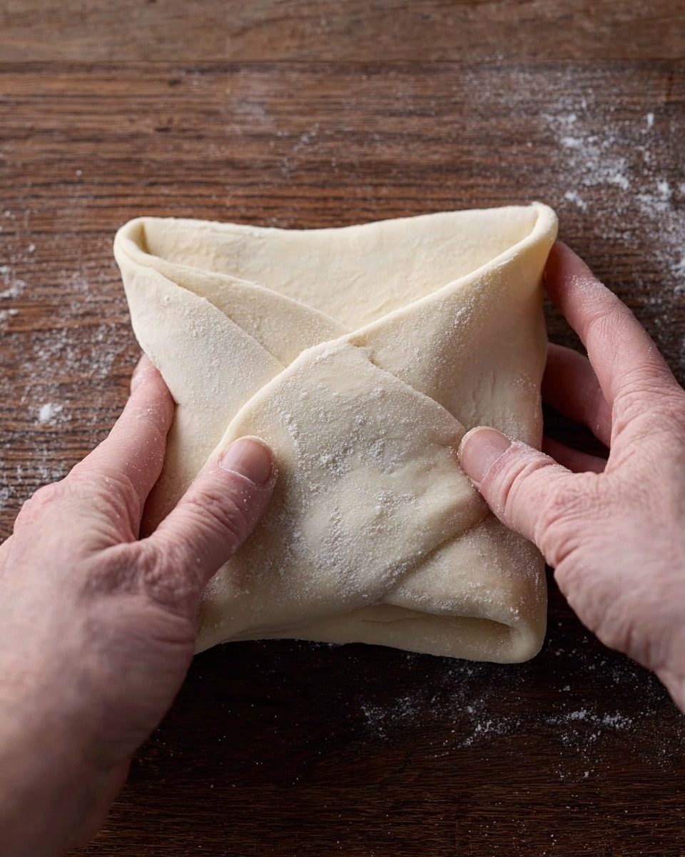 A close-up image showing a pair of woman's hands folding light beige dough into a layered, square shape. The dough looks soft and smooth with slightly visible flour dusting. The fingers gently pinch the edges near the center, creating even, thick overlapping layers. The surface under the dough is a dark wooden texture, and the photo focuses tightly on the dough and hands. Photo taken with an iphone --ar 4:5 --v 7
