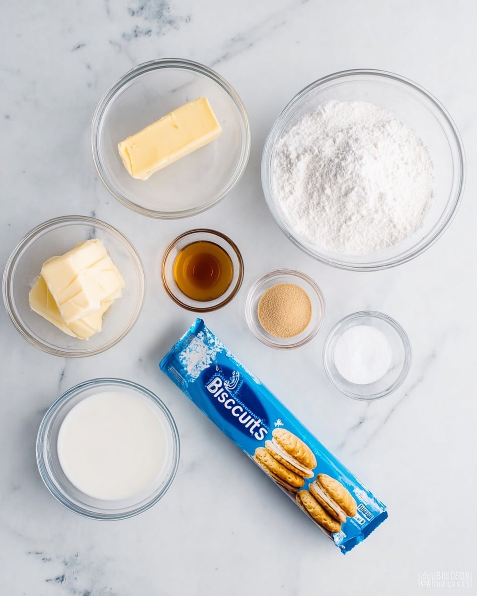 A white marbled surface holds various clear glass bowls with ingredients arranged neatly: one bowl with a light yellow stick of butter, a large bowl full of fine white powdered sugar, a smaller bowl with light brown sugar, a small bowl with clear liquid, another tiny bowl with amber vanilla extract, and a bowl of white milk. Near the center is a blue tube package labeled