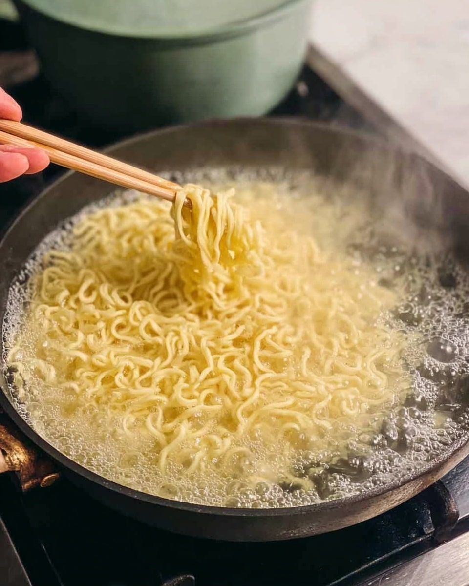 The image shows a close-up of wavy yellow noodles cooking in a black pan filled with boiling water. The noodles are twisting and slightly curling as they soften in the bubbling liquid. A woman's hand is holding light wooden chopsticks that are gently lifting and stirring the noodles on the left side of the pan. The background includes a small part of a green pot and a dark stove surface under a white marbled counter. Steam rises softly from the boiling water, showing the heat of the cooking process. Photo taken with an iphone --ar 4:5 --v 7