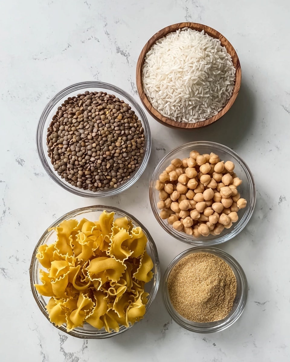 Five small bowls sit on a white marbled surface, each holding different dry ingredients. At the top right, a wooden bowl holds white rice grains with a smooth texture. To the left, a clear glass bowl is filled with brown lentils, small and round. Below the lentils is another clear glass bowl with beige chickpeas, round and smooth. On the bottom right, a wooden bowl contains yellow curved pasta shells with a ridged texture. The smallest bowl, to the far right, is glass and filled with a light brown powdered spice, soft and fine. The bowls contrast with the white marbled surface beneath them photo taken with an iphone --ar 4:5 --v 7