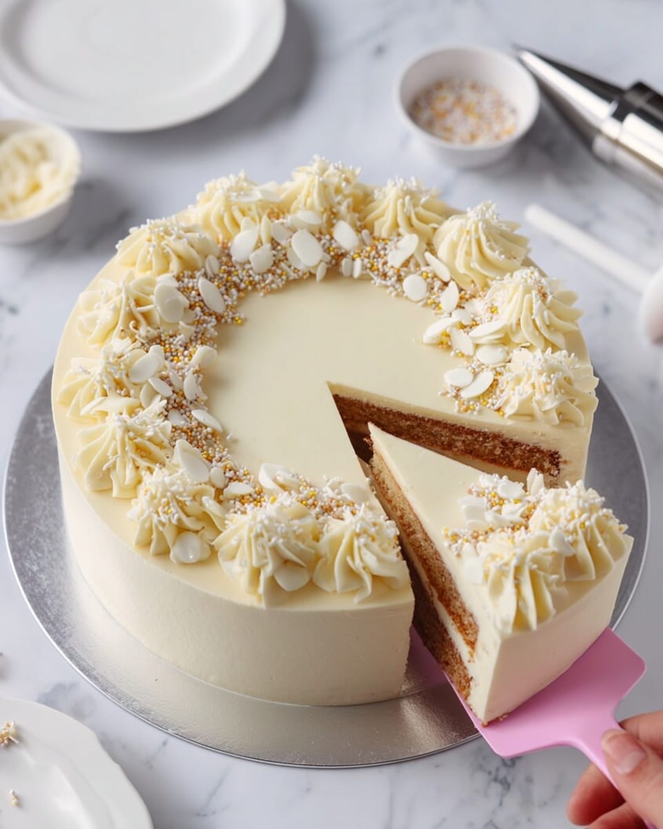 A round, two-layer cake is shown from the top, with a slice being lifted by a woman's hand holding a pink spatula. The cake has a smooth, pale cream frosting covering the top and sides. On top, there are twelve evenly spaced, large swirls of white cream piped around the edge. Inside this ring of swirls, there is a decorative circle of white and gold small round and rod-shaped sprinkles. The cut slice reveals two light brown cake layers separated by a thick layer of cream frosting matching the outside. The cake sits on a silver cake board placed on a white marbled surface. Nearby are a white plate, a frosting bag with a metal tip, and a bowl with sprinkles. Photo taken with an iphone --ar 4:5 --v 7